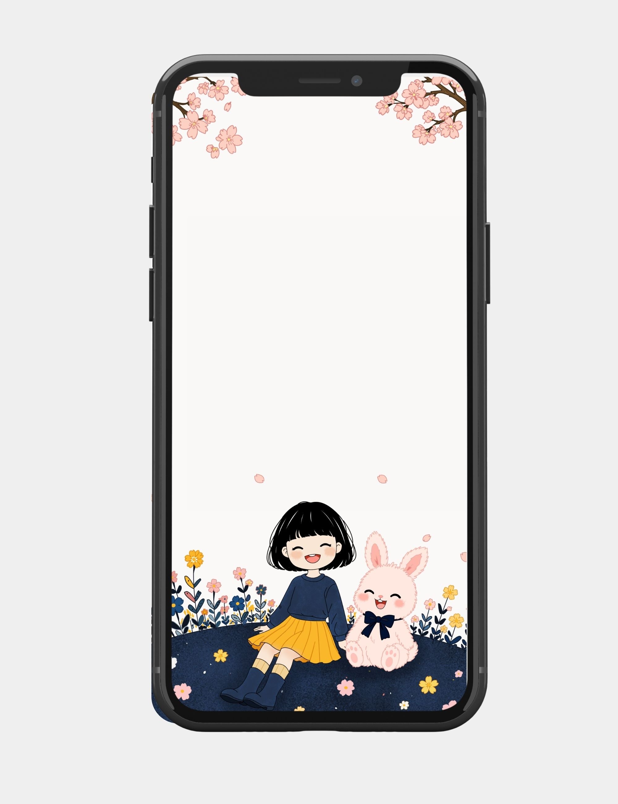 A soft pastel mobile wallpaper illustration featuring Bella and Bun the Bunny sitting together in a flower garden beneath blooming cherry blossom trees. Bella wears a navy blue sweater, yellow pleated skirt, cream socks, and navy boots, while Bun is a fluffy pale pink bunny with a navy ribbon. The artwork has a calm springtime children’s storybook aesthetic designed for mobile wallpaper use.
