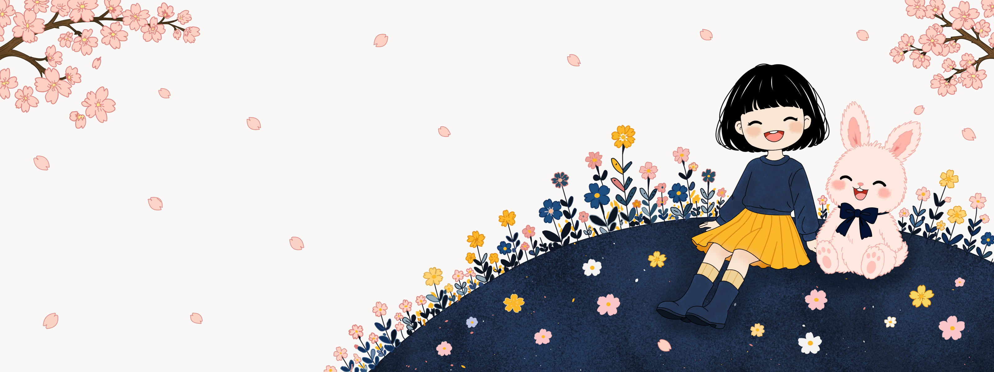 Bun Bunny Bun the Pink Bunny and Bella the Sunshine Girl on a Hill Cherry Blossoms Flowers wallpaper
