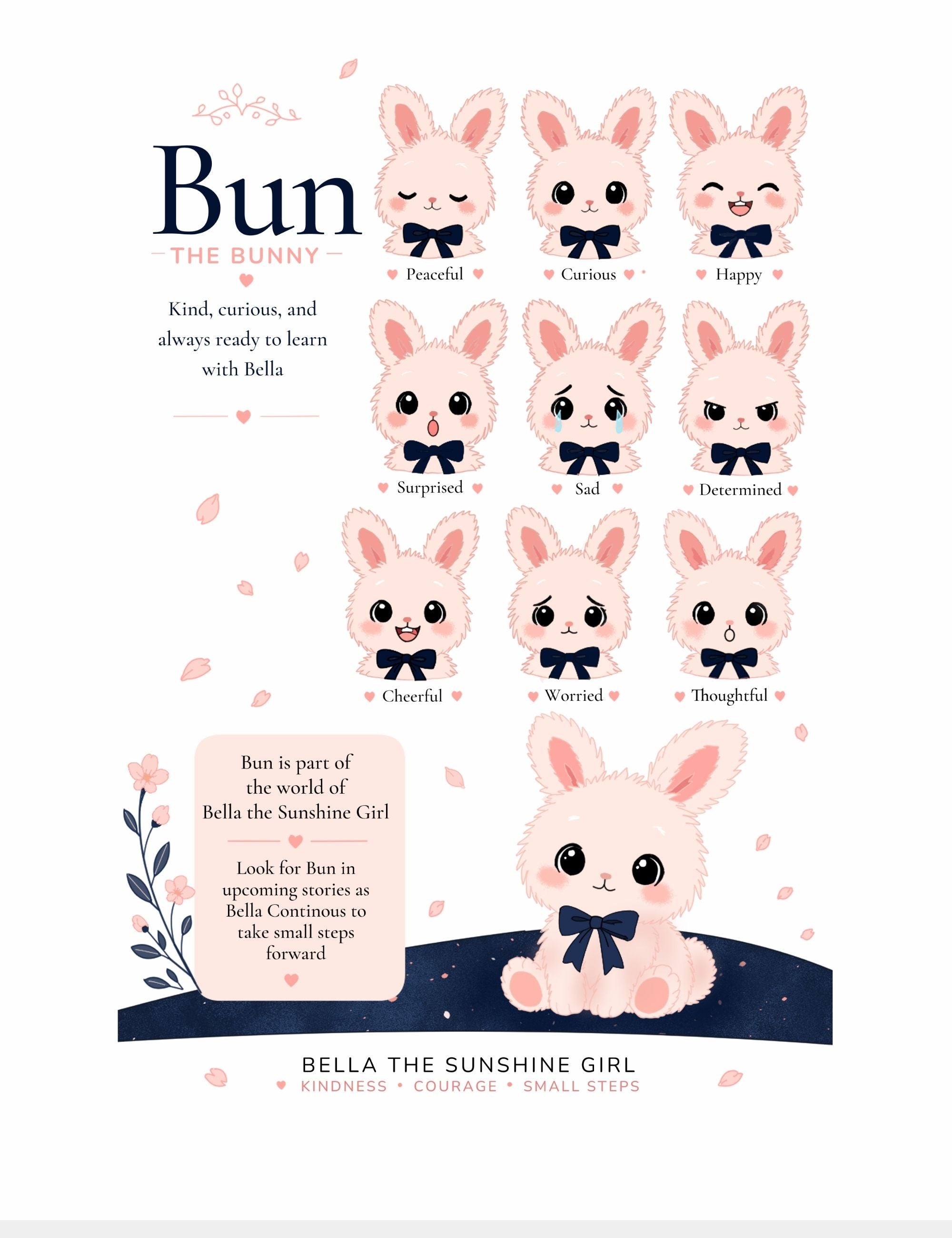 Bun the Bunny emotions chart printable featuring soft illustrated bunny expressions labeled peaceful, curious, happy, surprised, sad, determined, cheerful, worried, and thoughtful from the world of Bella the Sunshine Girl.