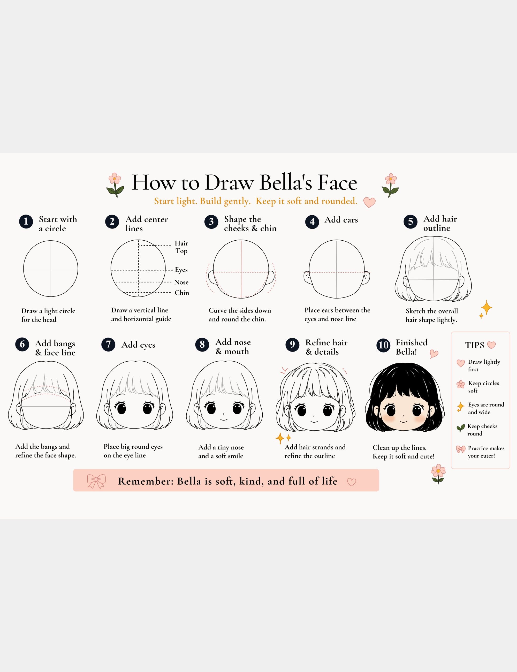Printable step-by-step drawing guide showing children how to draw Bella the Sunshine Girl's face using simple shapes and easy instructions.