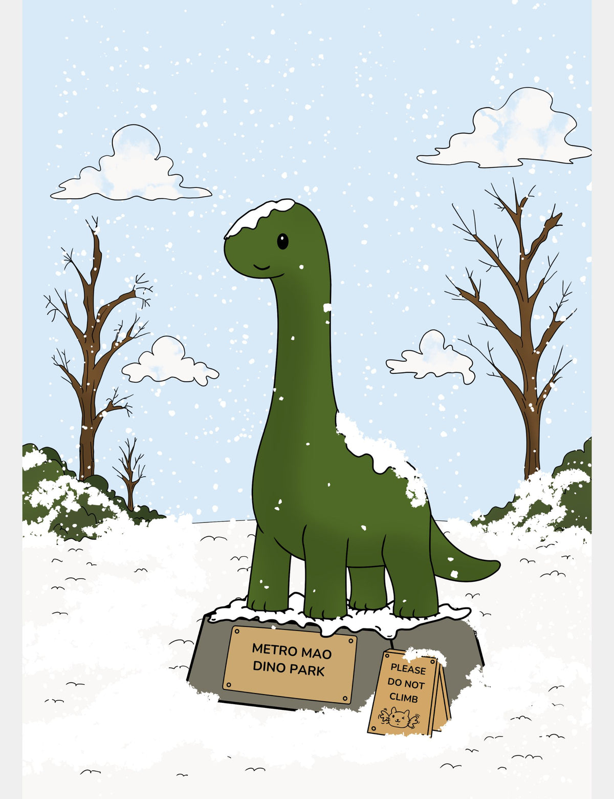 Free A4 printable winter poster from Mewmiwmiw Takes Back the World featuring the green dinosaur statue at Metro Mao Dino Park surrounded by falling snow, winter trees, and snowy scenery.
