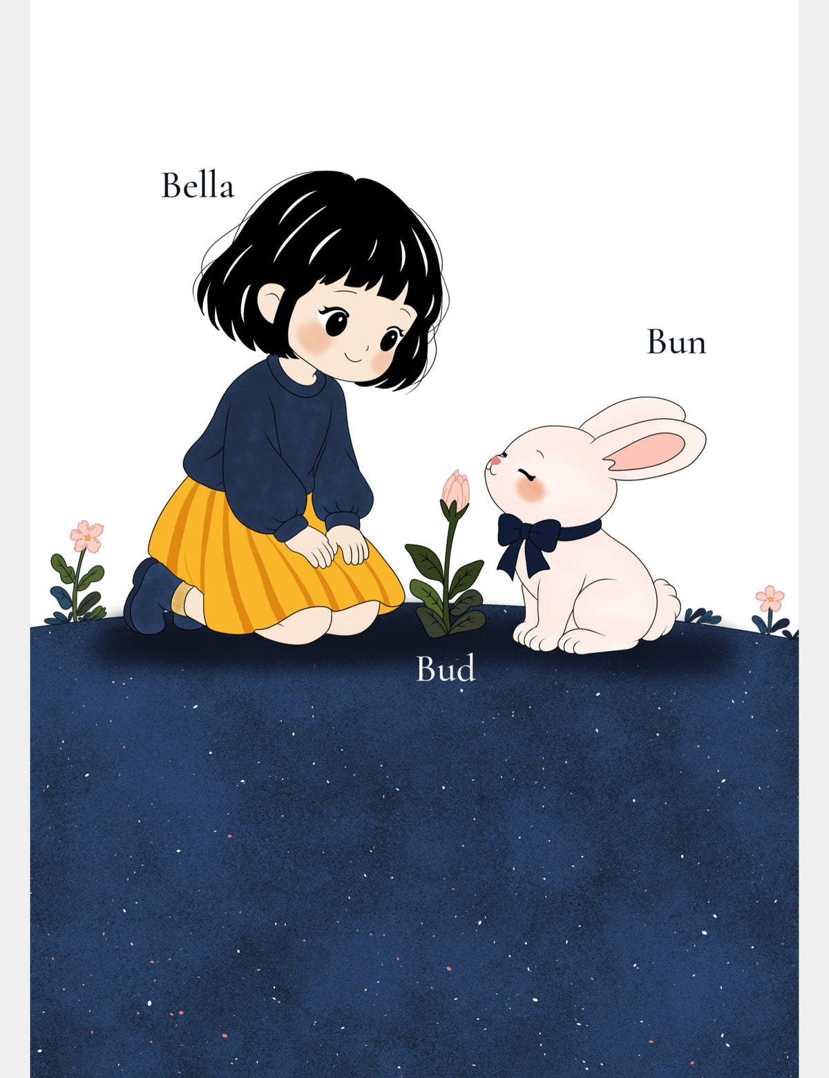 B is for Bella, Bun and Bud educational poster from Bella the Sunshine Girl ABC Adventure featuring Bella kneeling beside Bun as he smells a pink flower bud.