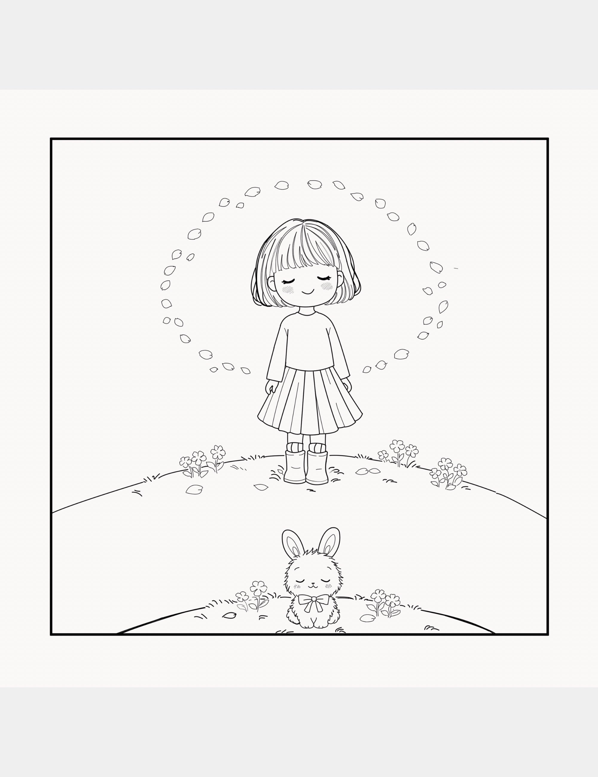 Gentle coloring book page from Bella the Sunshine Girl featuring Bella standing peacefully with floating petals above Bun the bunny in a calm minimalist outdoor scene.