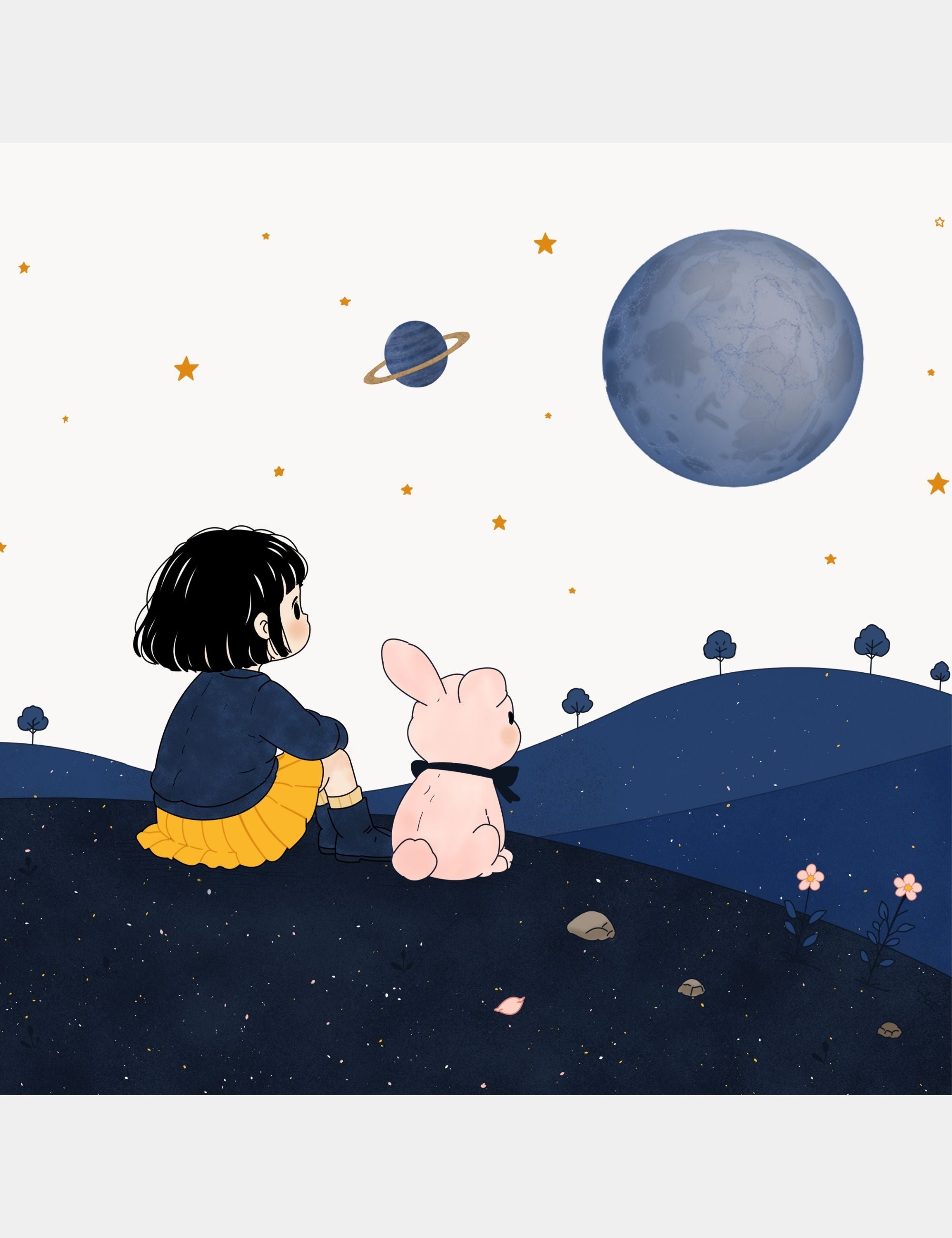 Bella and Bun sit quietly on the blue hills of Big Blue while looking toward glowing planets and stars in the night sky from Bella the Sunshine Girl.