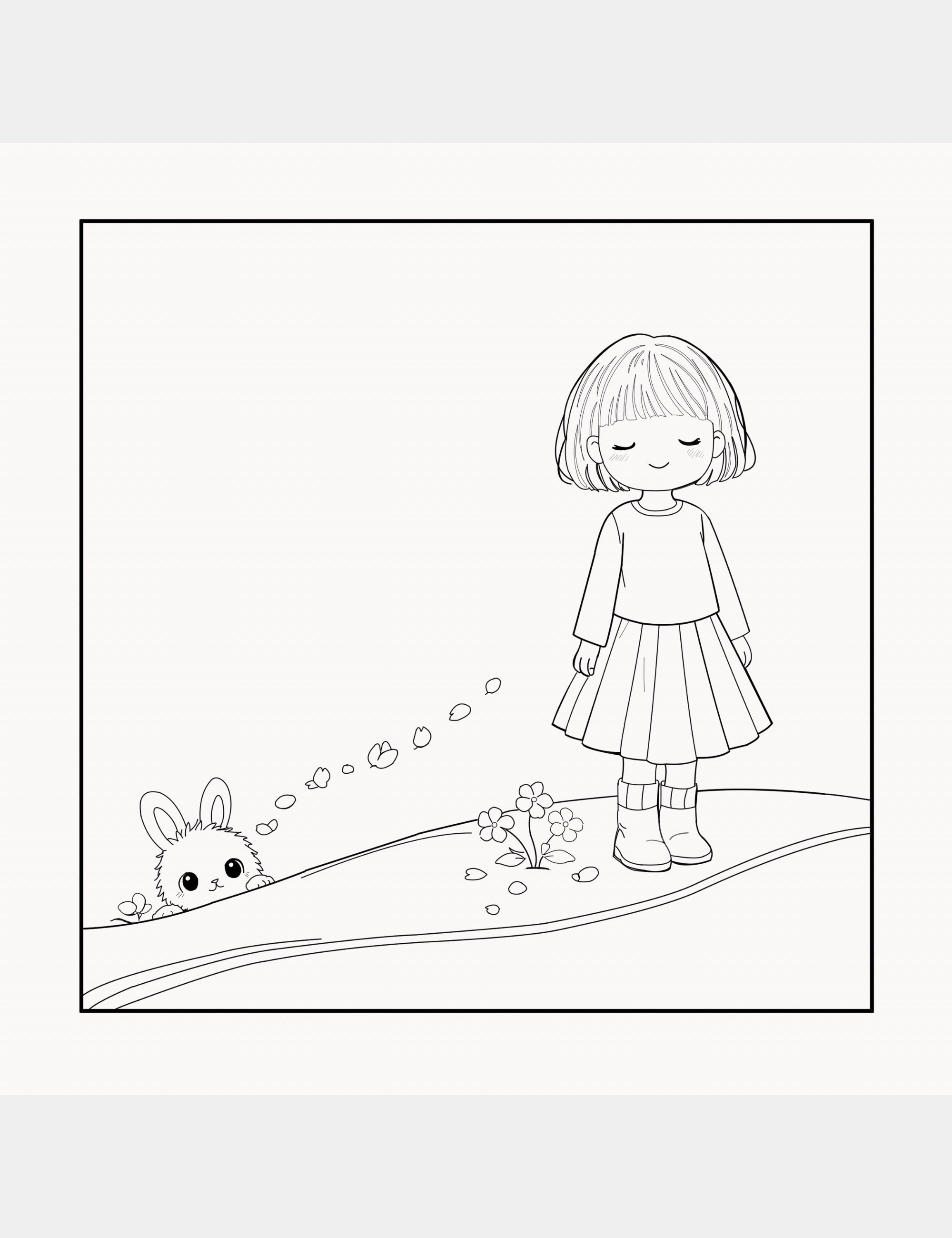 Coloring book page from Bella the Sunshine Girl featuring Bella standing calmly beside flowers while Bun peeks over a hill surrounded by tiny petals and gentle nature details.