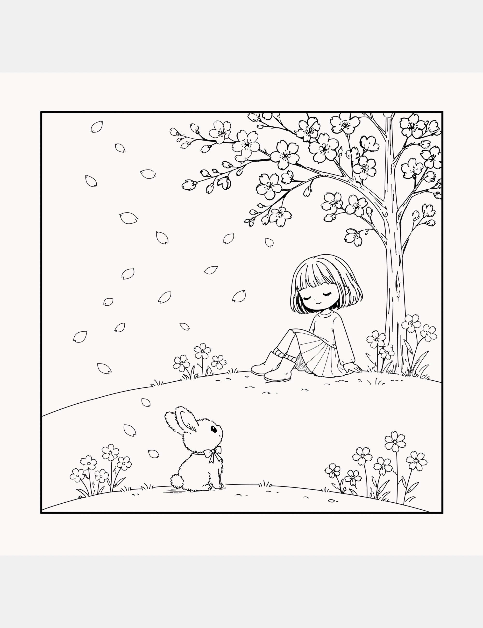 Gentle coloring book page from Bella the Sunshine Girl featuring Bella resting beneath a blooming cherry blossom tree while Bun watches nearby surrounded by flowers and falling petals.