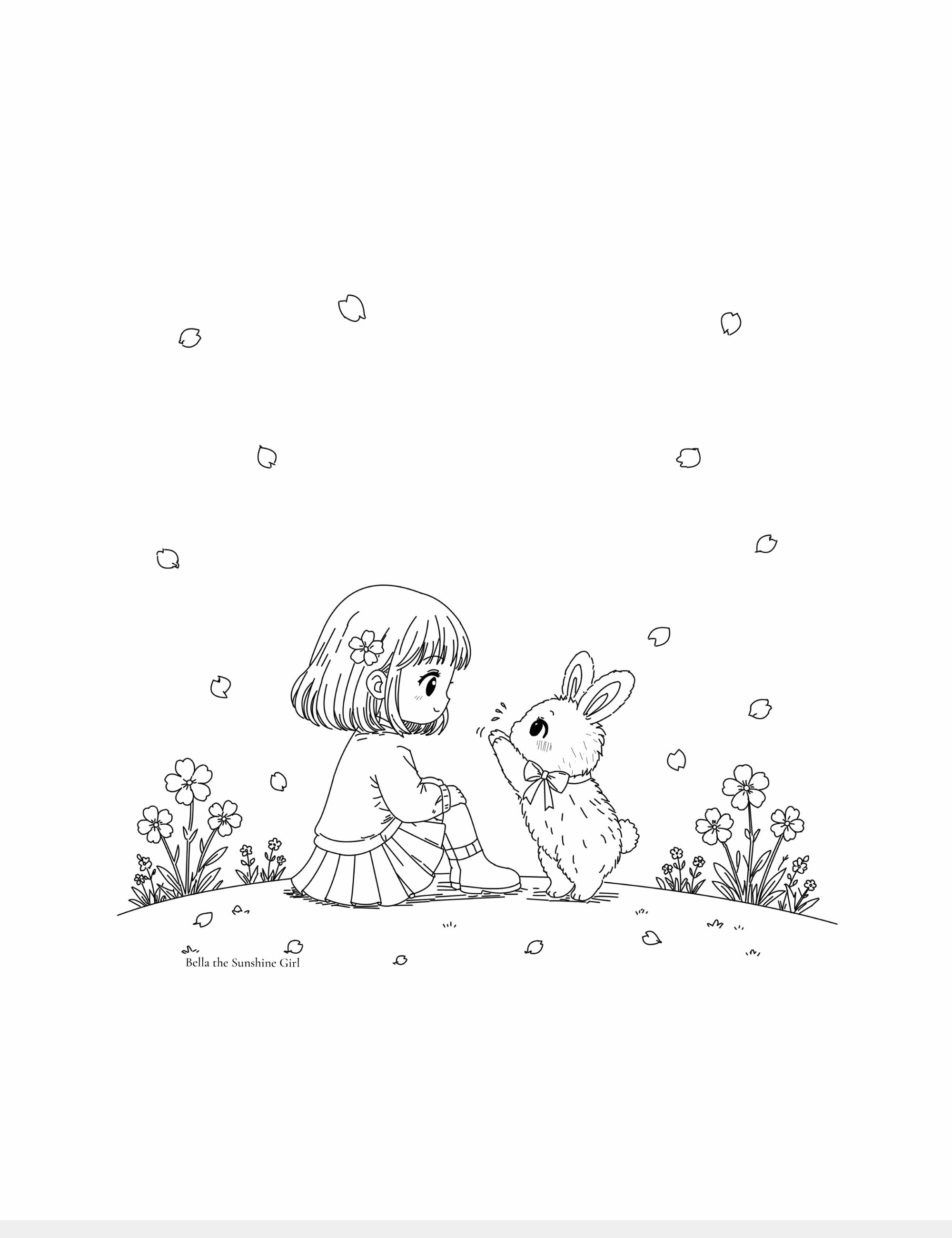 Free printable coloring page featuring Bella sitting with Bun the bunny surrounded by flowers and falling petals. Gentle children’s coloring activity about friendship, kindness, imagination, and calm moments.