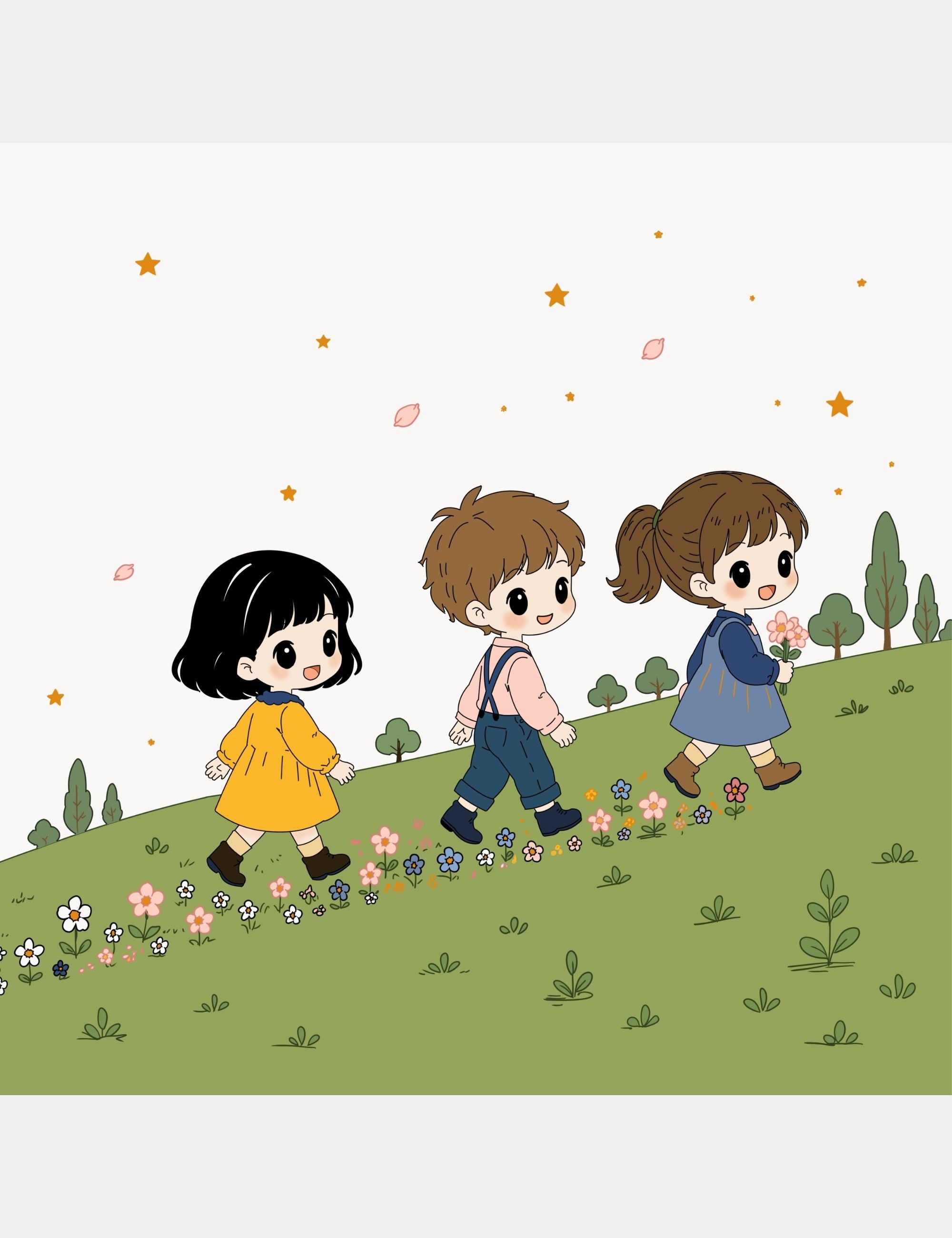 Illustrated preview from Bella the Sunshine Girl showing Bella and two children walking together across the green hills of Big Blue while flowers bloom behind their footsteps.