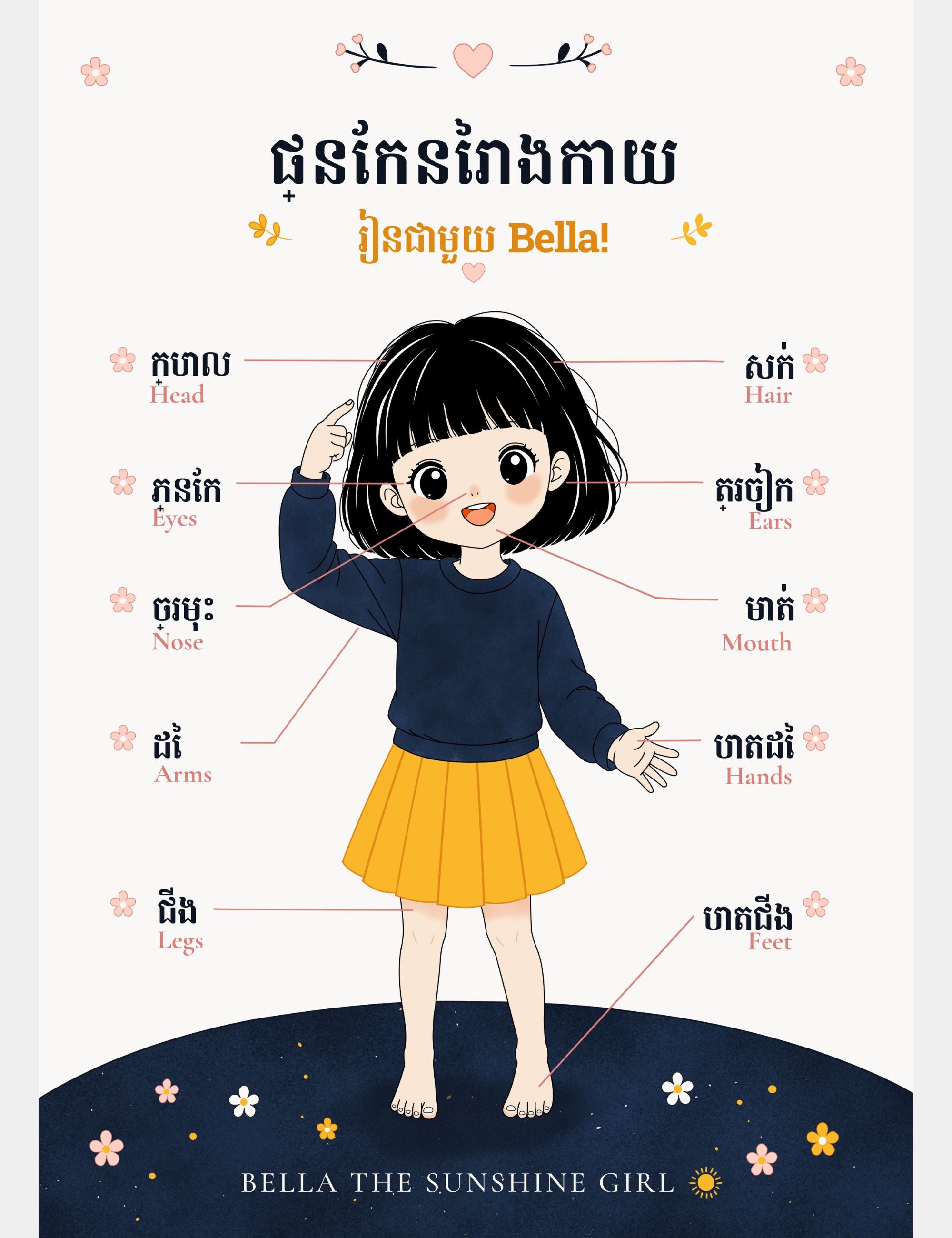 Download a free Khmer English body parts poster for children featuring Bella the Sunshine Girl. Perfect for preschool, kindergarten, homeschooling, bilingual education, and early childhood learning.