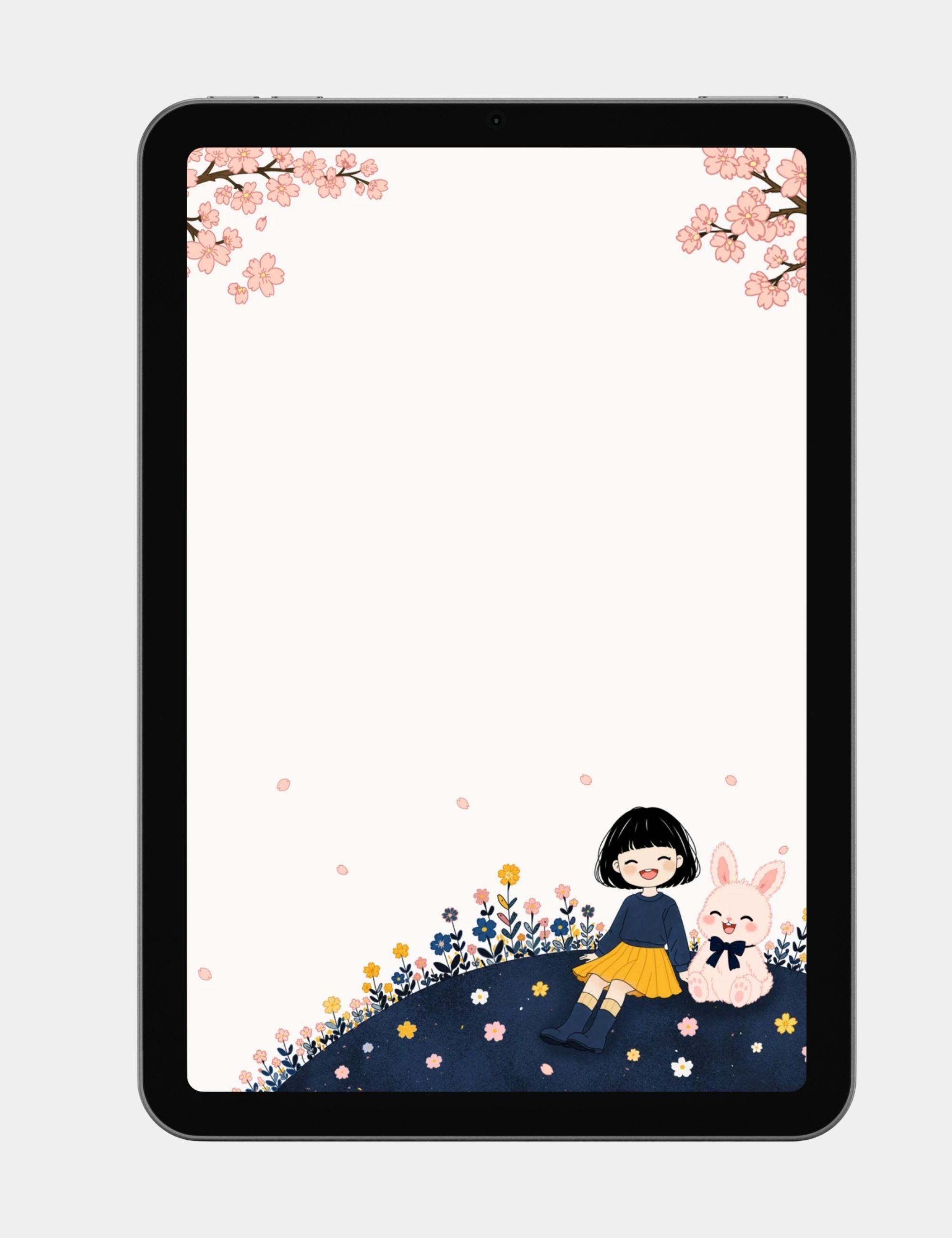 Cute Bella and Bun tablet wallpaper with cherry blossoms, flowers, and a soft spring landscape on a cream background.