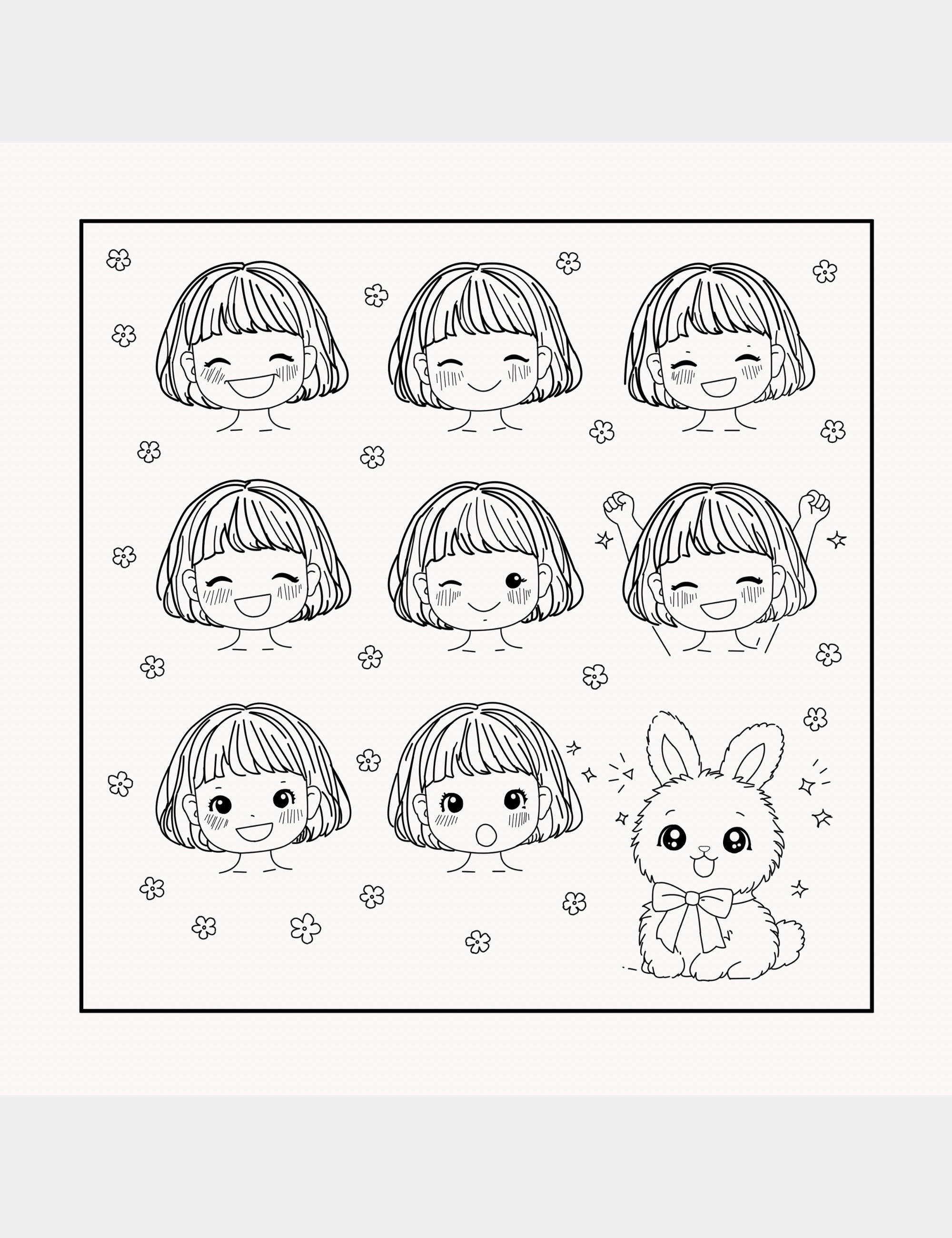 Children’s coloring book page featuring Bella showing different happy and playful facial expressions alongside Bun the bunny surrounded by tiny flowers and sparkles.