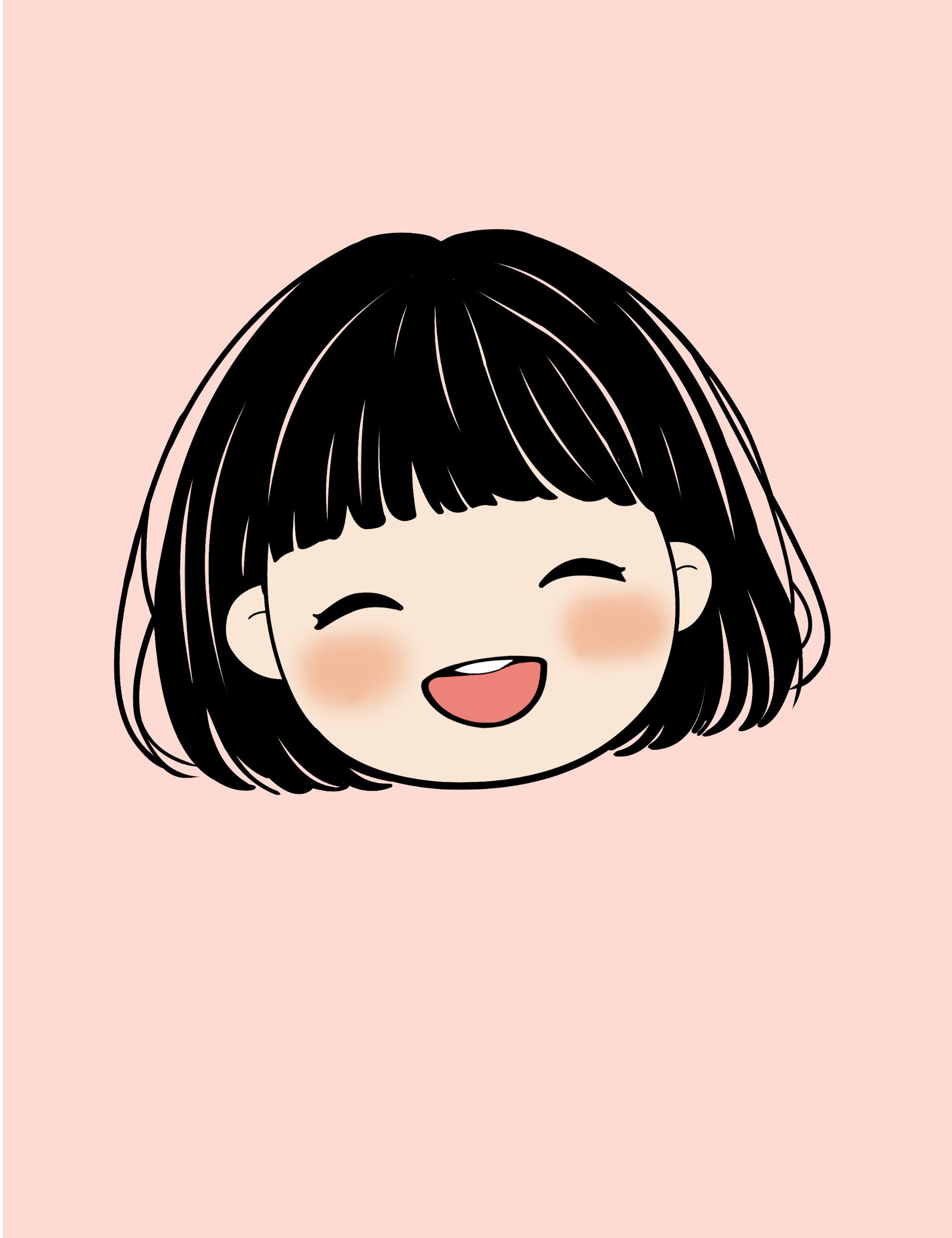 Minimal printable poster featuring Bella’s smiling cartoon face with black bob haircut and rosy cheeks on a soft blush pink background.