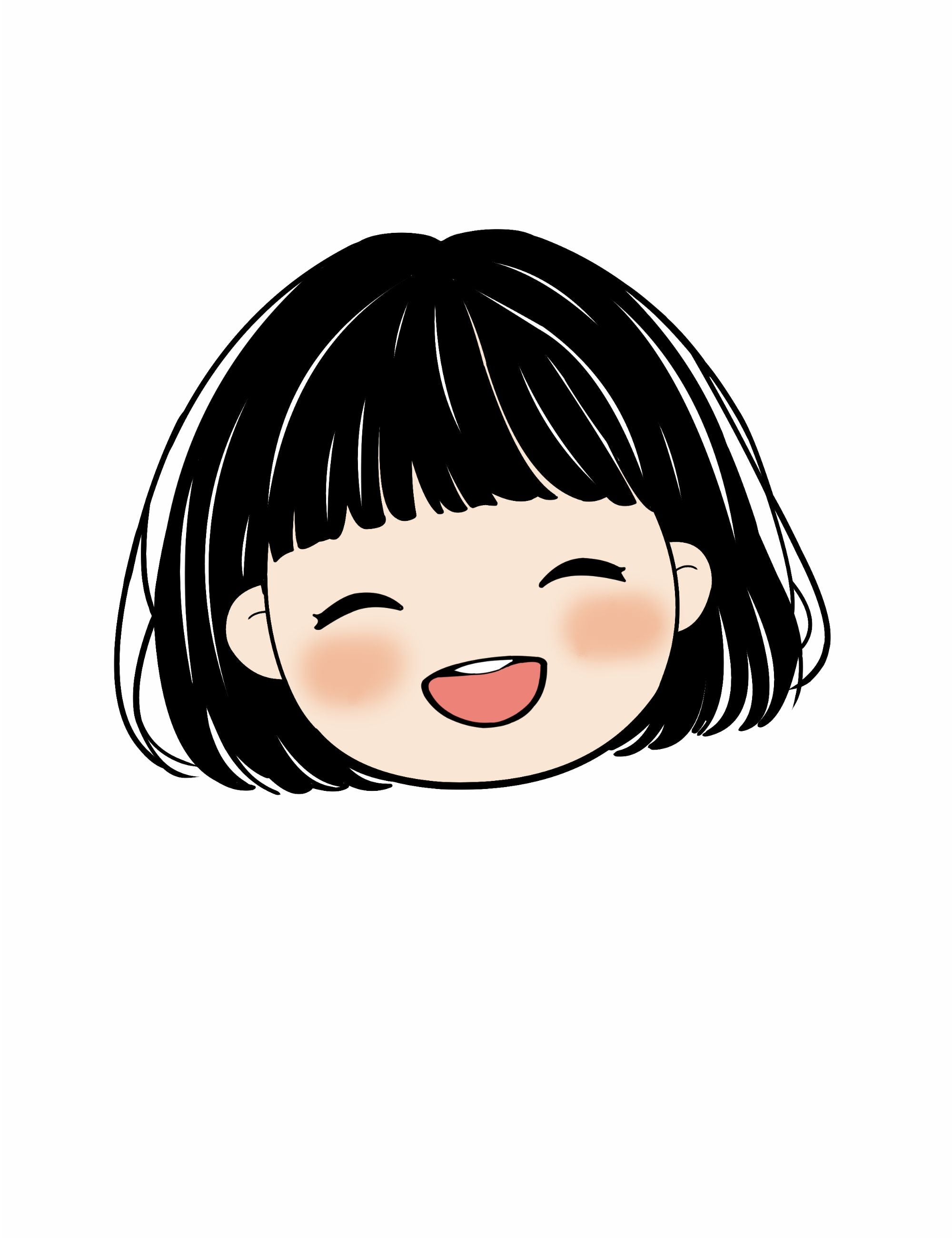 Minimal printable poster featuring Bella’s smiling cartoon face with black bob haircut and rosy cheeks on a soft cream background.