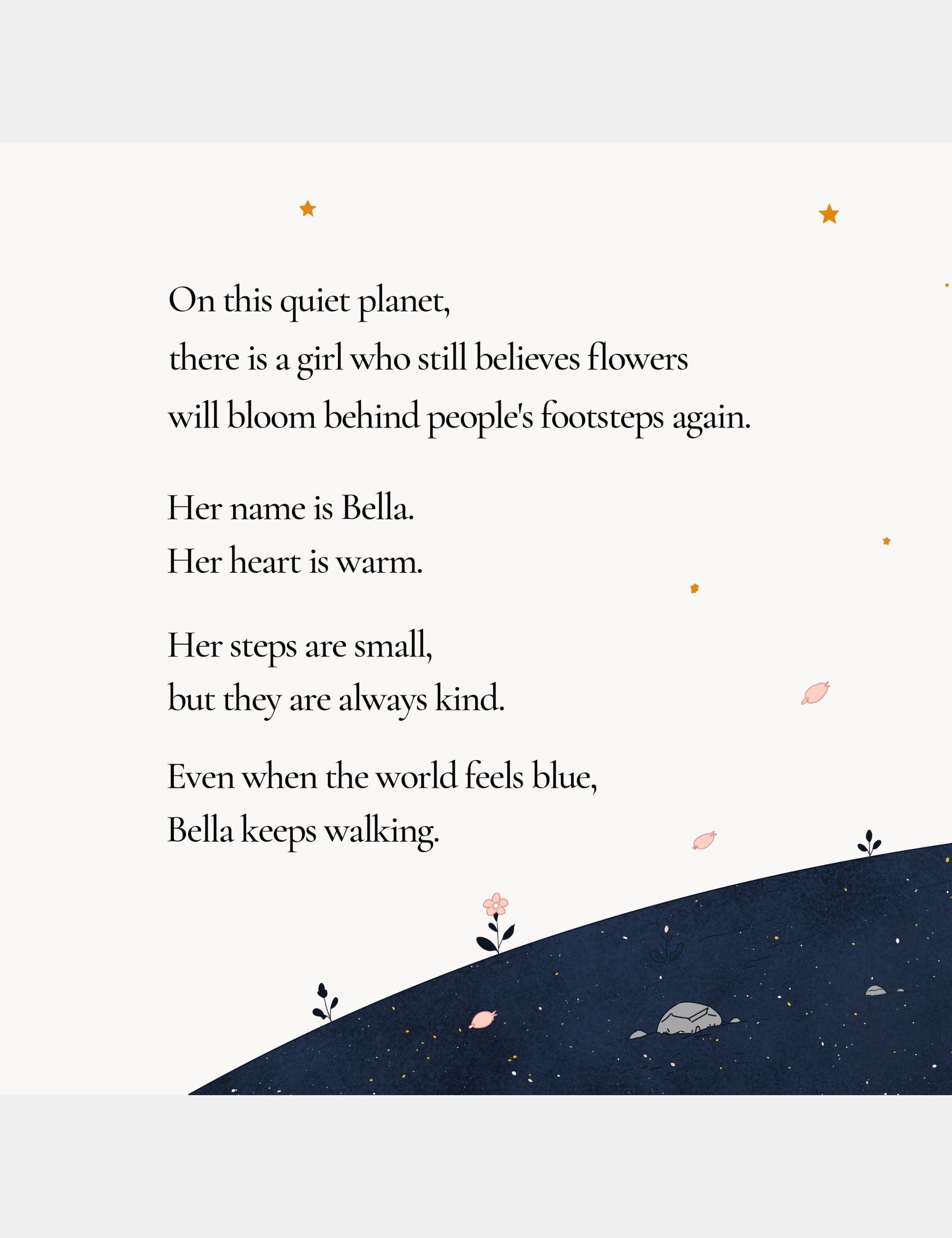 Preview page from Bella the Sunshine Girl featuring a passage about Bella believing flowers can bloom behind people’s footsteps again on the quiet planet Big Blue.