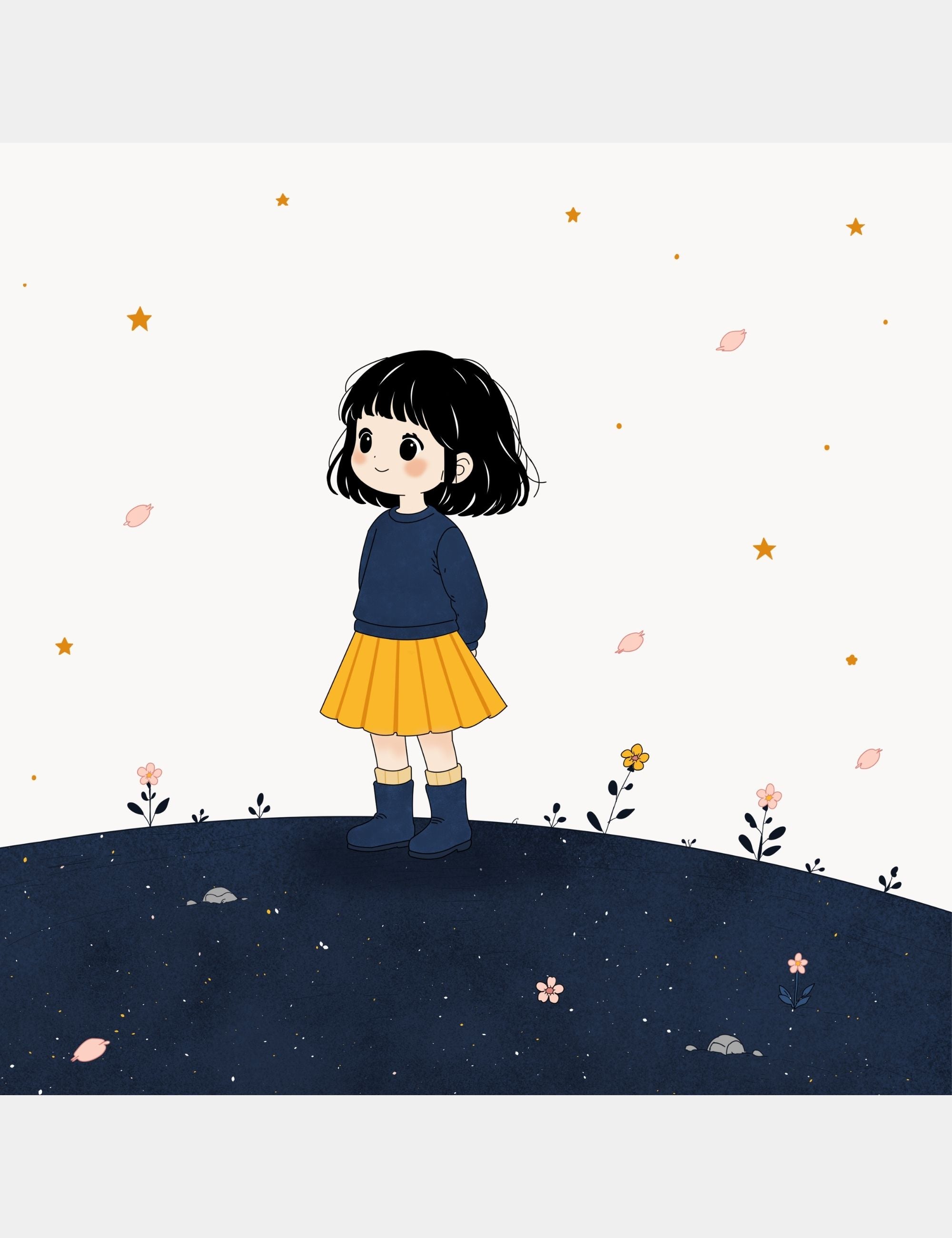 Character illustration preview from Bella the Sunshine Girl featuring Bella standing quietly on the dark blue hills of Big Blue beneath soft stars and drifting petals.