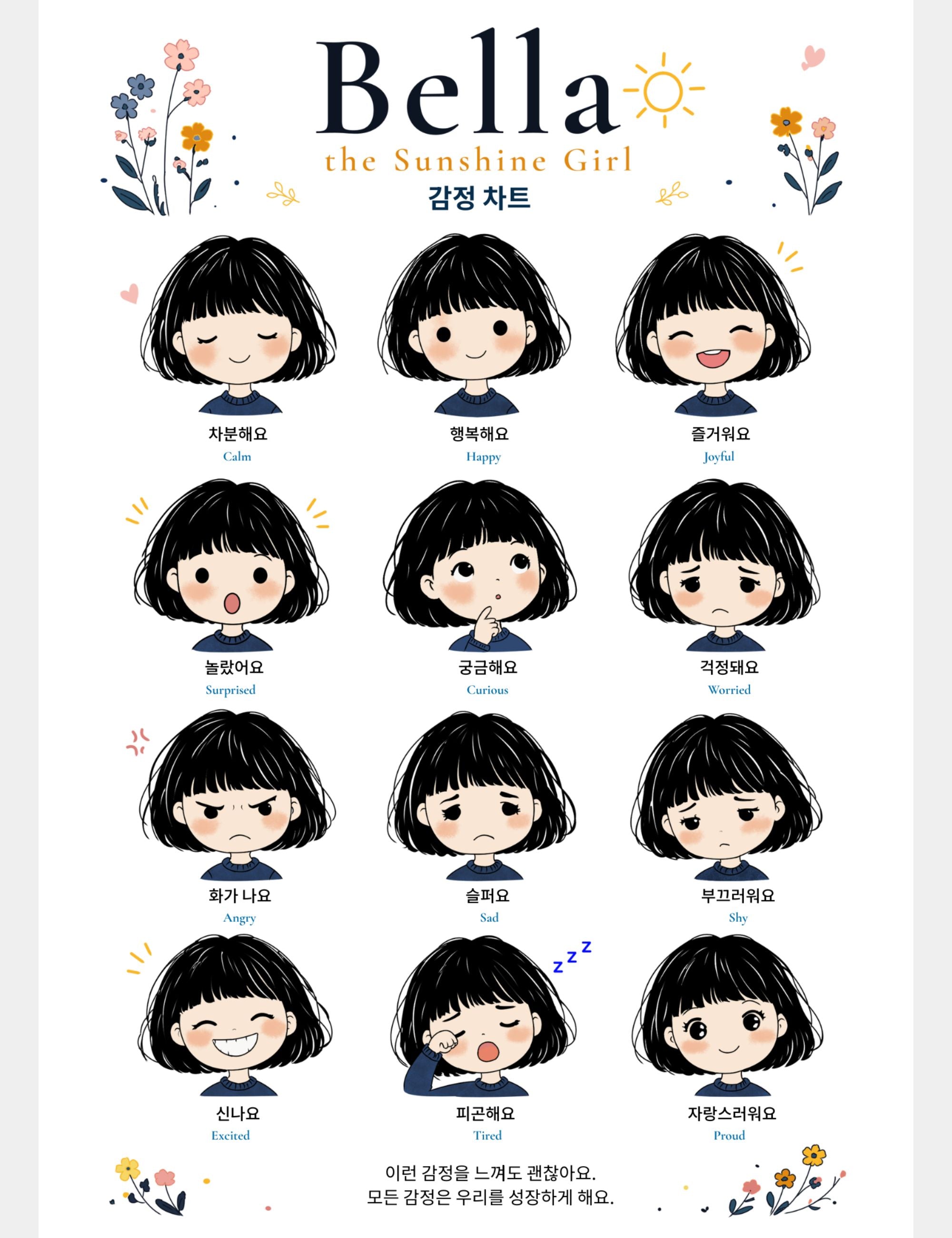 Bella the Sunshine Girl 12 Emotions Chart Korean Edition