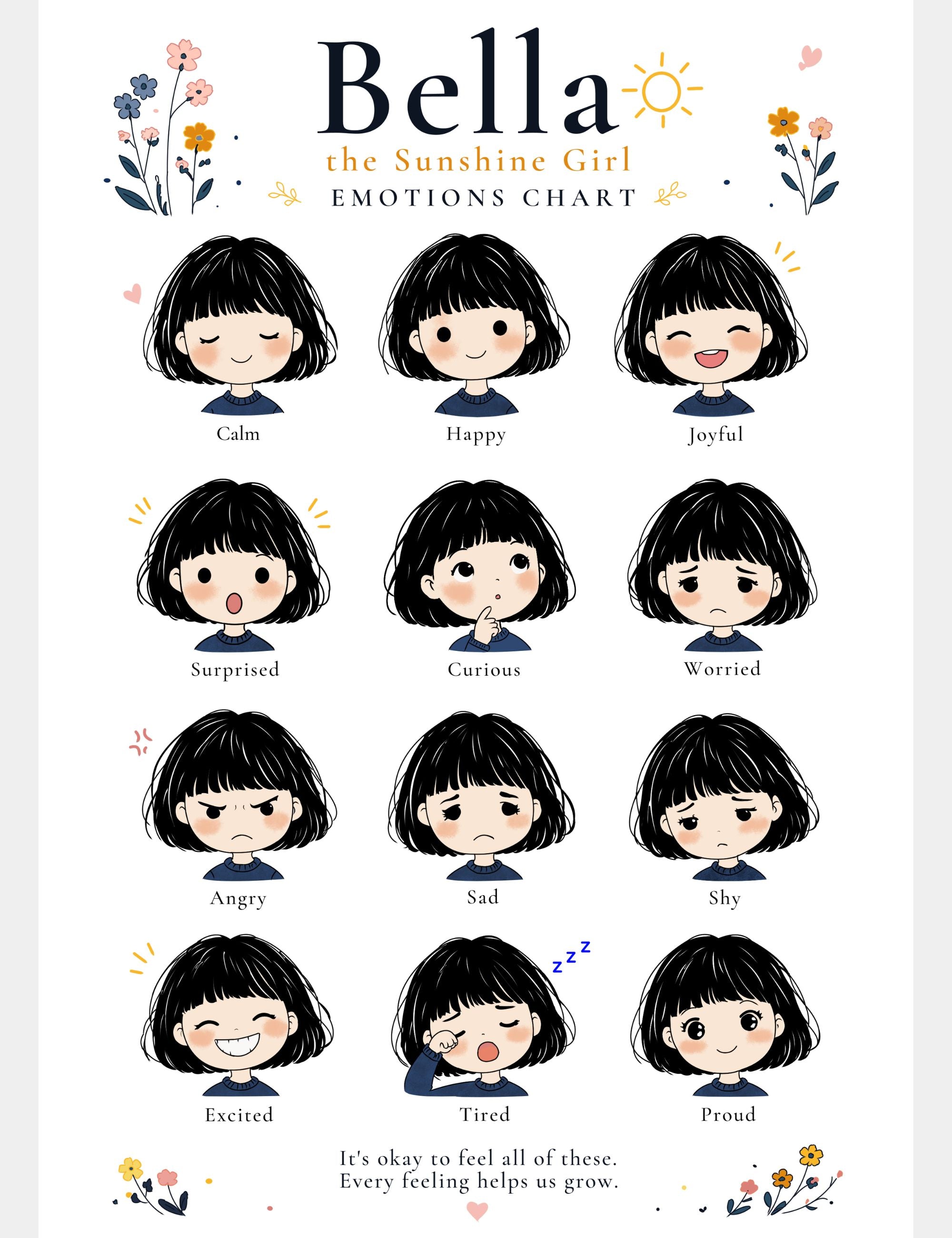 Bella the Sunshine Girl A4 emotions chart showing 12 illustrated emotions: calm, happy, joyful, surprised, curious, worried, angry, sad, shy, excited, tired, and proud.