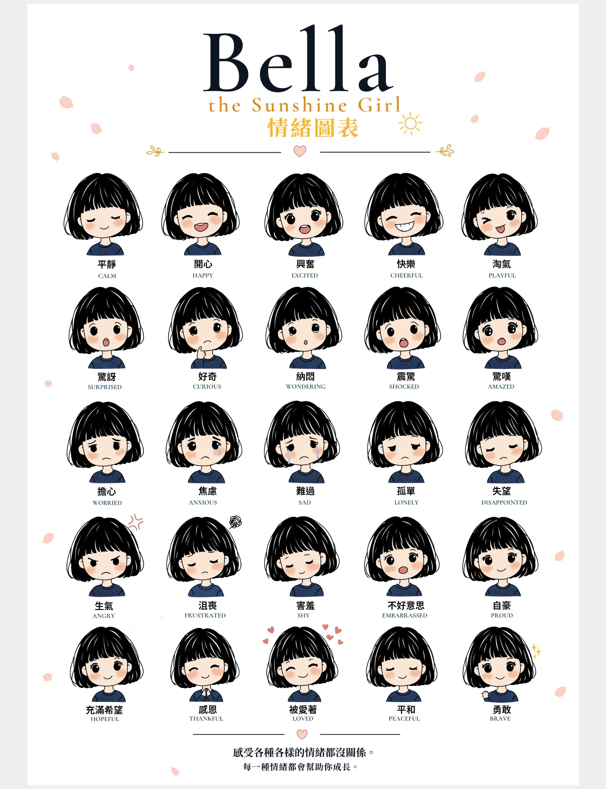Bella the Sunshine Girl 25 Emotions Chart Chinese Traditional Edition featuring 25 child-friendly emotions in Traditional Chinese and English to help children develop emotional awareness, empathy, communication skills, confidence, and social emotional learning.