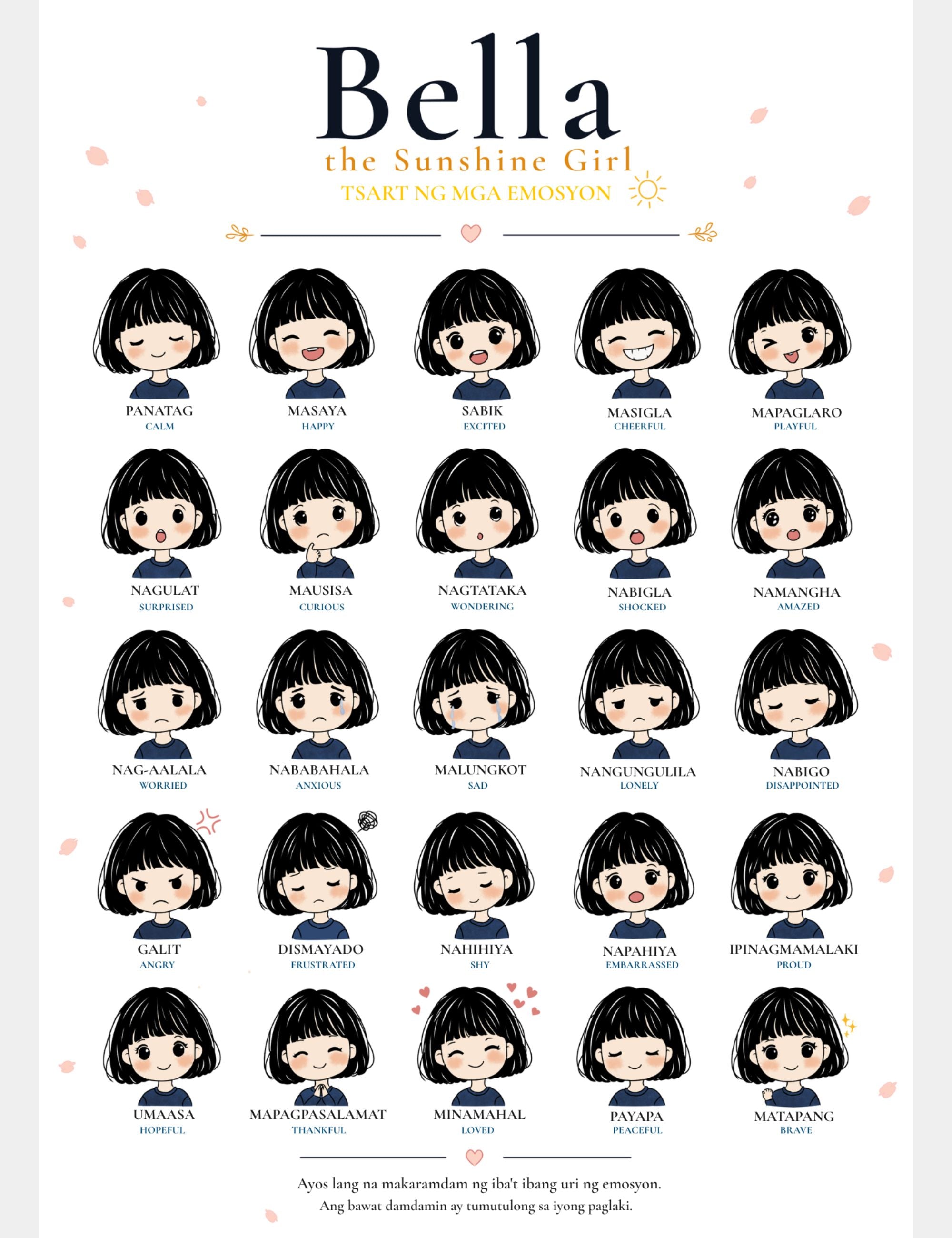 Bella the Sunshine Girl 25 Emotions Chart Tagalog Edition featuring 25 child-friendly emotions in Tagalog and English to help children build emotional awareness, empathy, confidence, communication skills, and social emotional learning.
