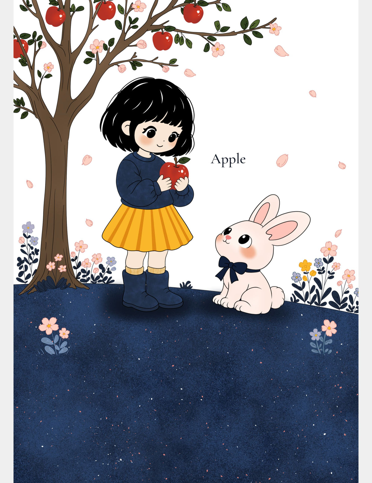 Bella the Sunshine Girl holds a red apple beside Bun the Pink Bunny under an apple tree, with the word Apple displayed in a flower-filled learning scene.