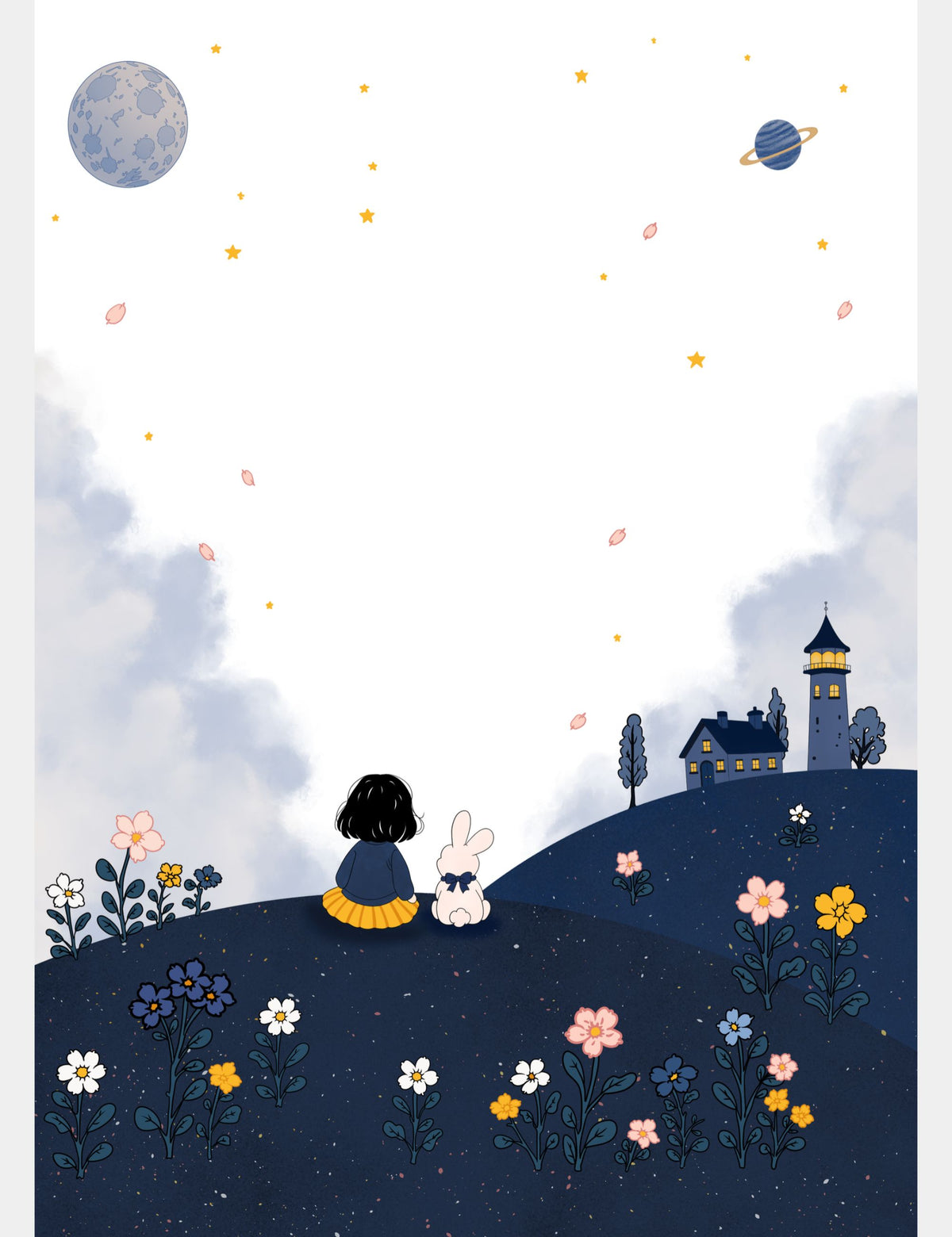 Bella the Sunshine Girl and Bun the Pink Bunny sitting together on a navy flower-covered hill beneath a dreamy sky with stars, planets, drifting petals, and a distant lighthouse.