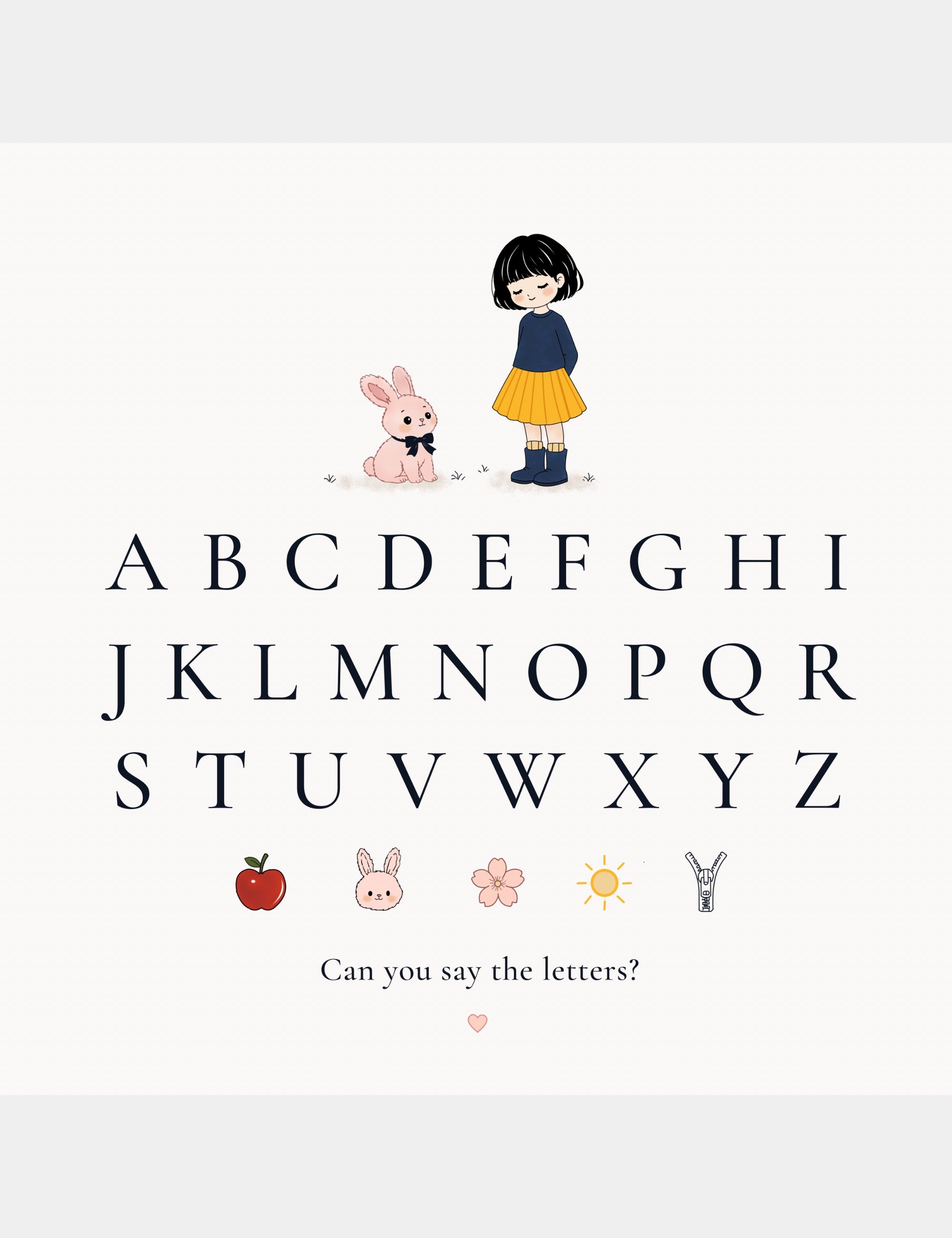 Alphabet chart page from Bella the Sunshine Girl: ABC Book featuring Bella, Bun, uppercase alphabet letters, and gentle illustrated learning icons for early childhood education.
