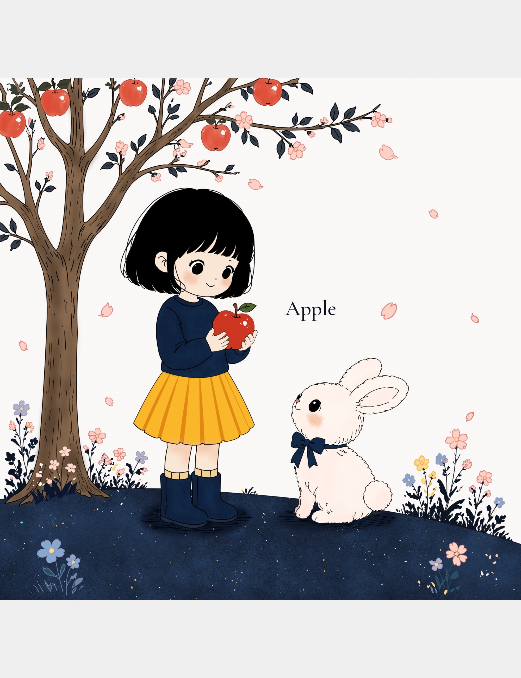 Bella holding a red apple beside Bun under an apple tree in Bella the Sunshine Girl: ABC Book, introducing the word Apple for early alphabet learning.