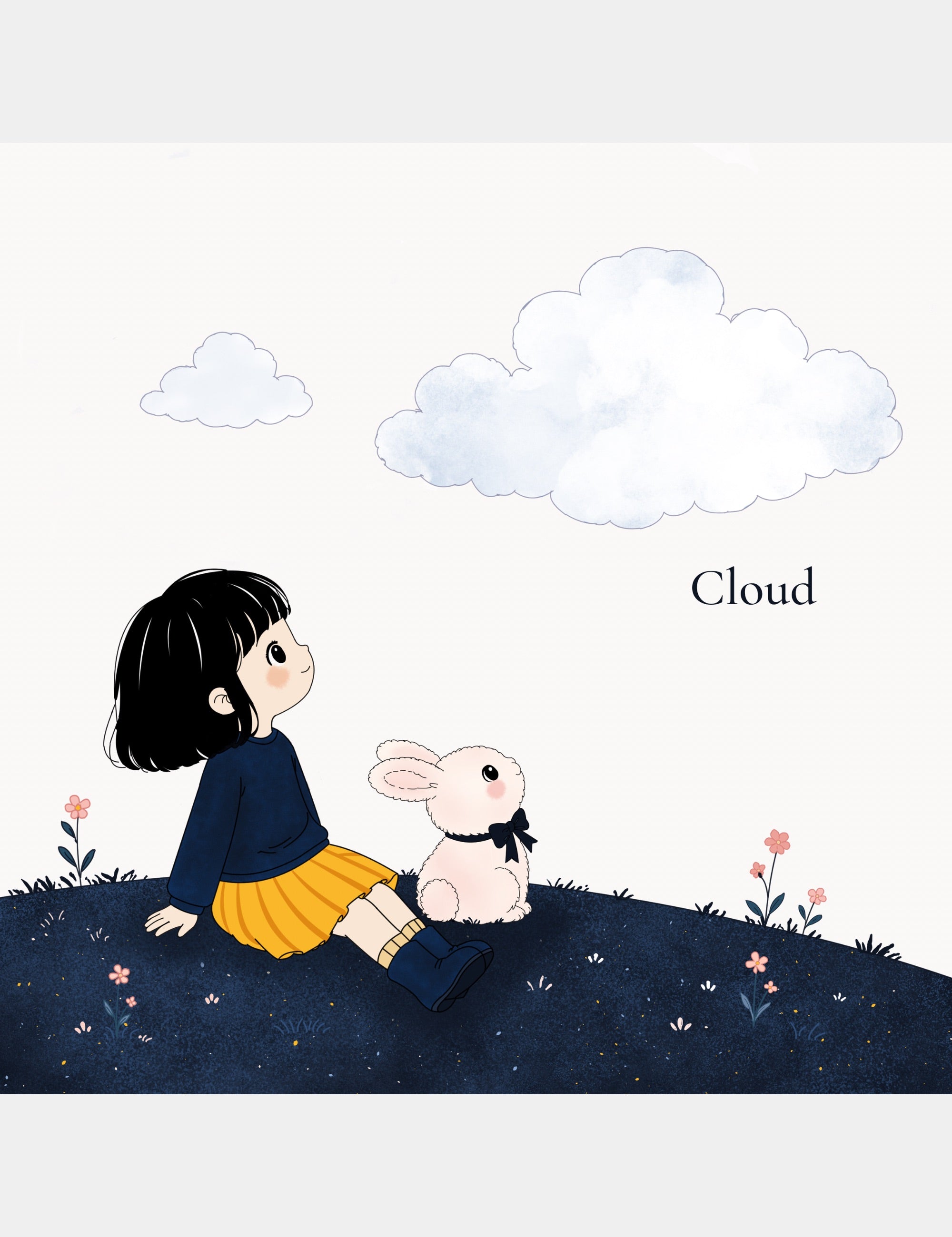 Bella and Bun sitting together under soft clouds in Bella the Sunshine Girl: ABC Book, introducing the word Cloud through a calm illustrated sky scene.