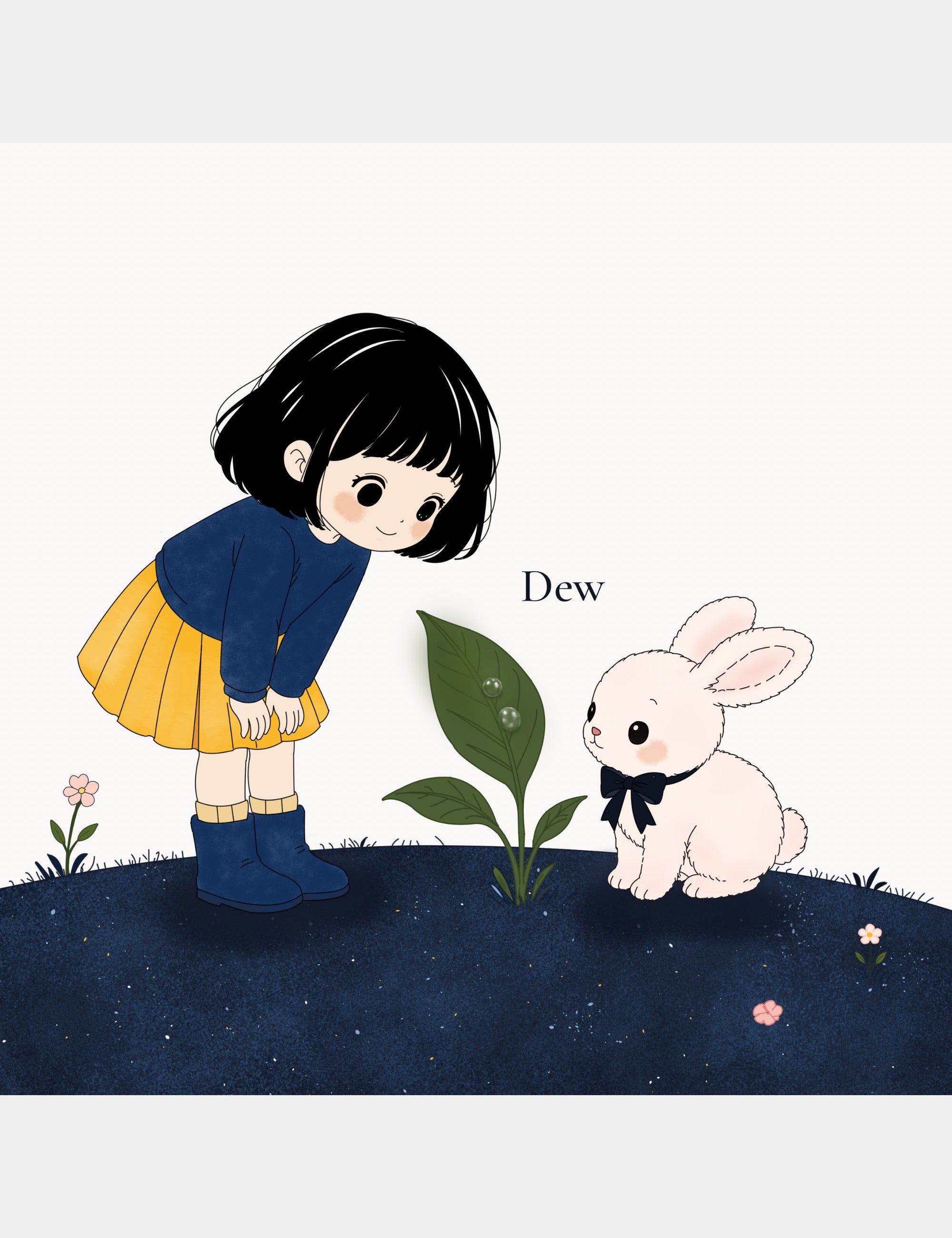 Bella and Bun observing dew drops on a leaf in Bella the Sunshine Girl: ABC Book, teaching the word Dew through a gentle nature-inspired alphabet scene.