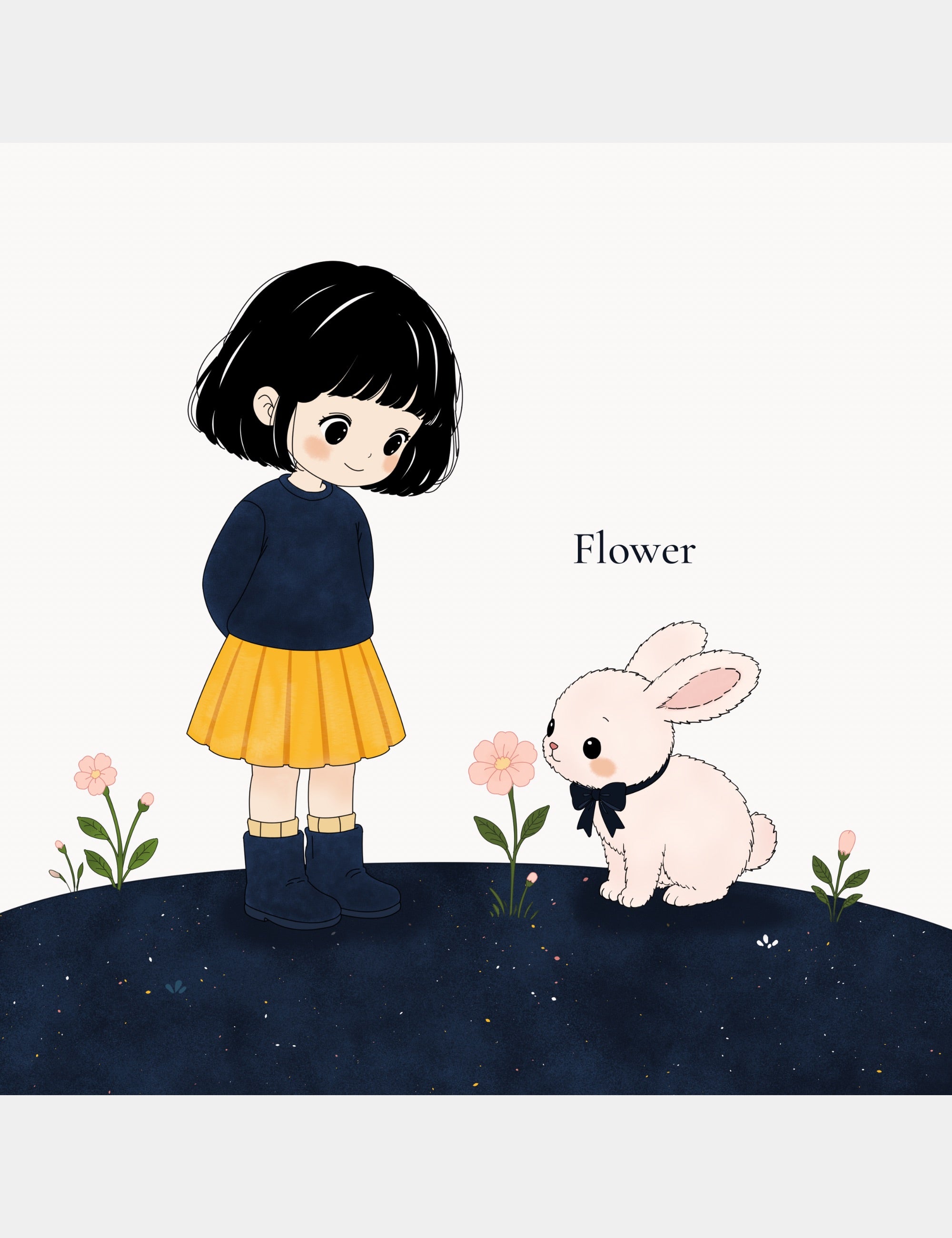 Bella and Bun admiring a pink flower in Bella the Sunshine Girl: ABC Book, introducing the word Flower through a gentle nature learning scene.