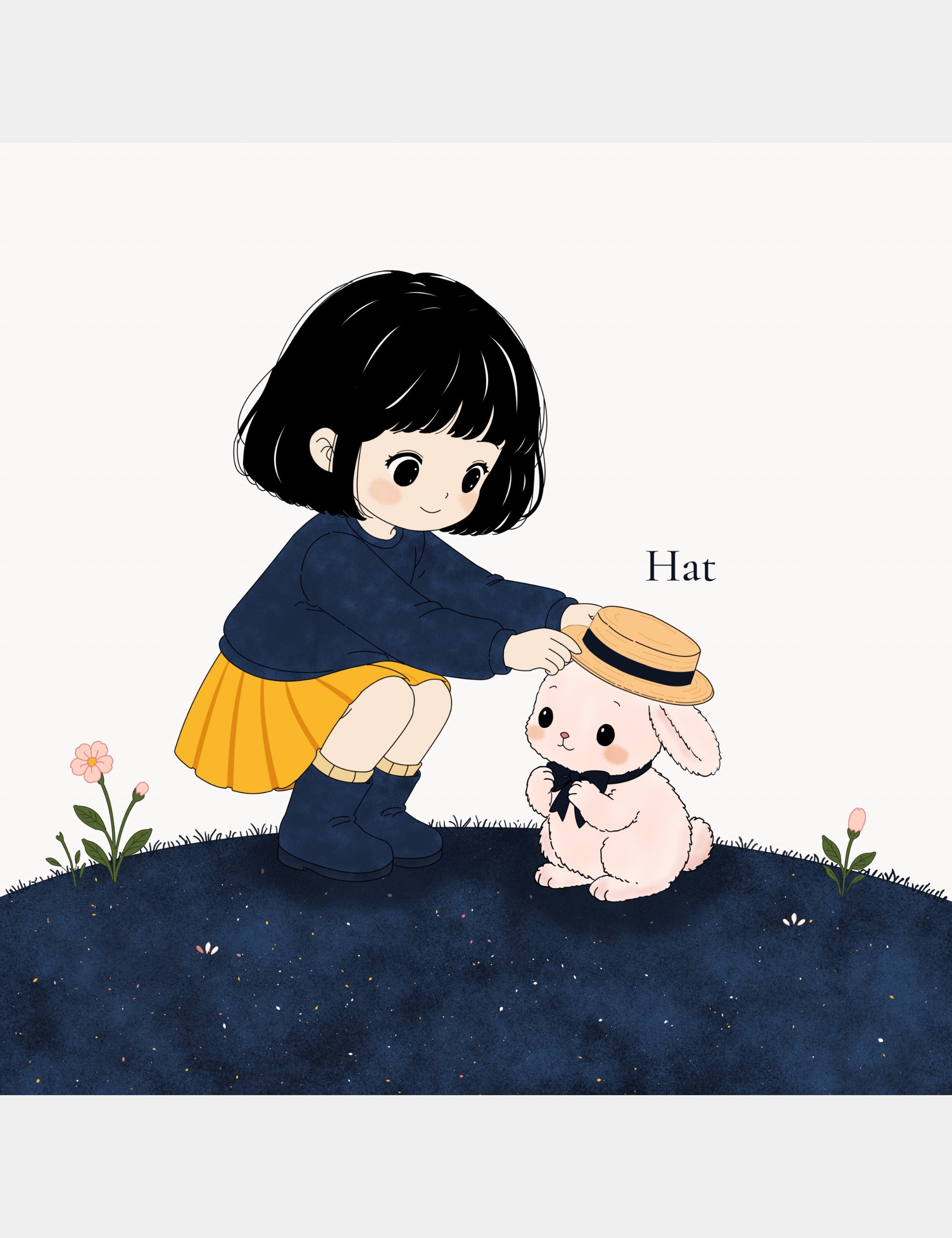 Bella placing a small hat on Bun in Bella the Sunshine Girl: ABC Book, introducing the word Hat through a gentle alphabet learning scene.