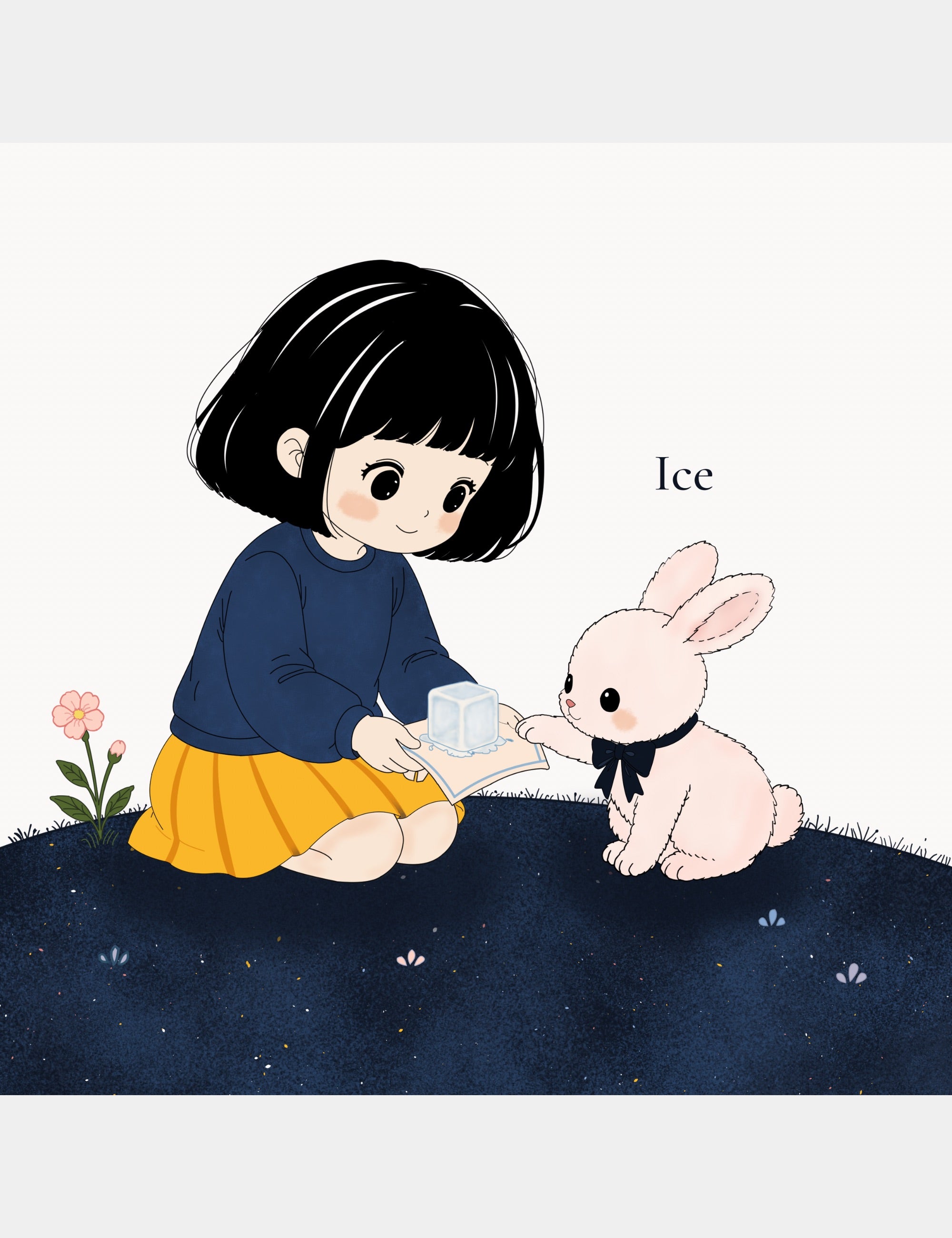 Alphabet learning page from Bella the Sunshine Girl: ABC Book featuring Bella and Bun exploring ice together with the word Ice in a gentle children’s illustration.