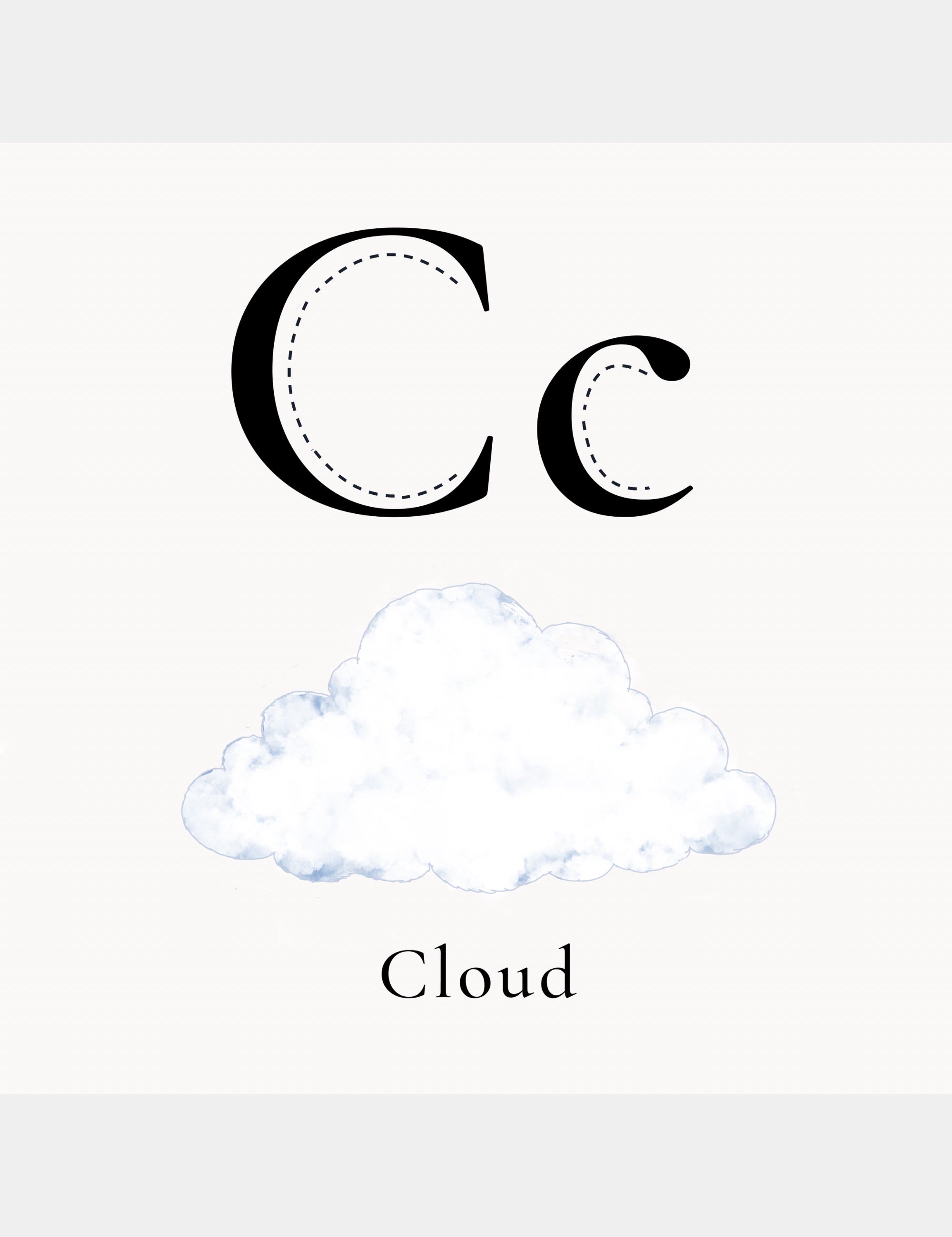 Alphabet learning page from Bella the Sunshine Girl: ABC Book featuring the letter C with a soft cloud illustration and the word Cloud.