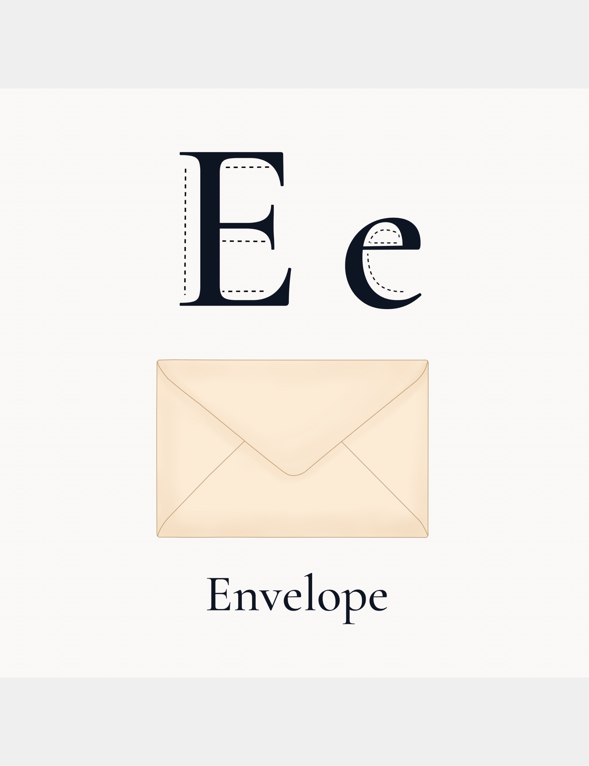Alphabet learning page from Bella the Sunshine Girl: ABC Book featuring the letter E with an envelope illustration and the word Envelope.