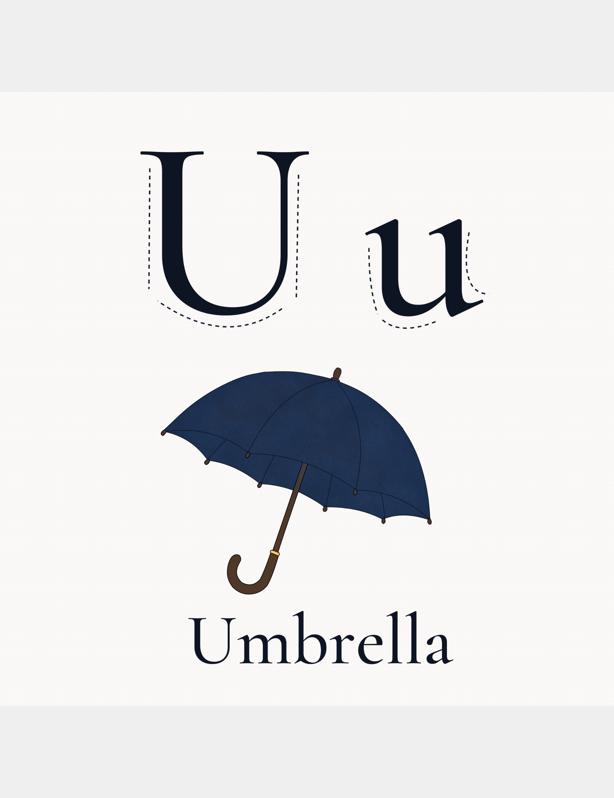 Letter U alphabet page from Bella the Sunshine Girl: ABC Book featuring a navy blue umbrella illustration and the word Umbrella for gentle early learning.
