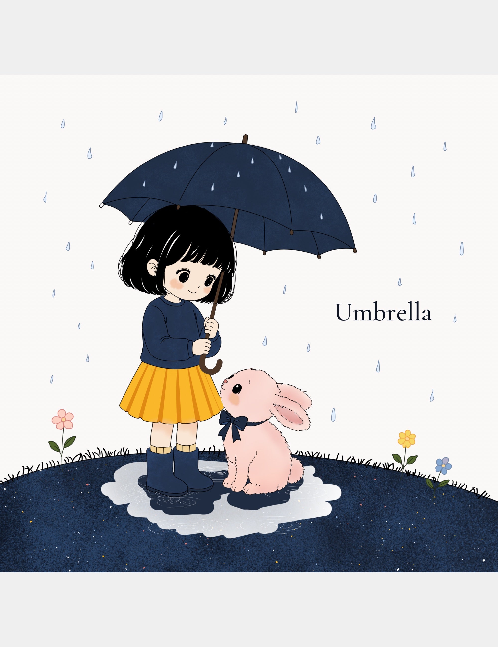 Alphabet learning page from Bella the Sunshine Girl: ABC Book featuring Bella holding an umbrella over Bun in the rain with the word Umbrella.