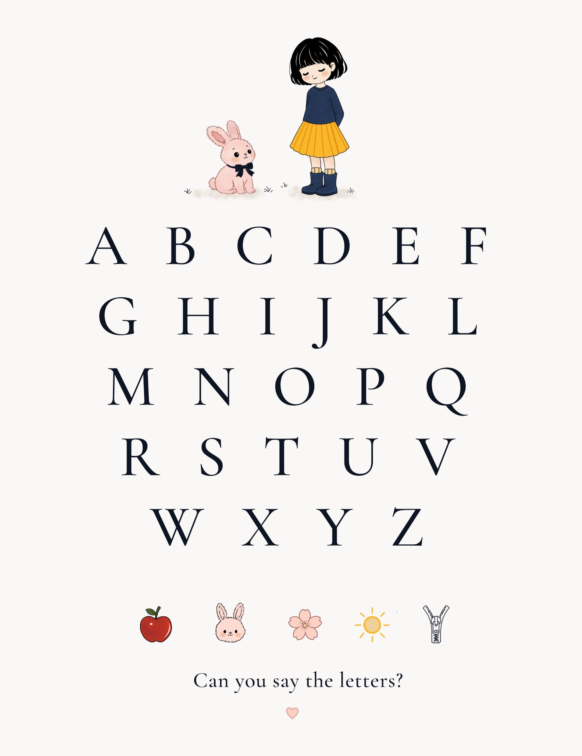 Minimalist alphabet poster featuring Bella the Sunshine Girl and Bun the bunny with large serif letters A to Z on a soft cream background for children’s learning and nursery decor.
