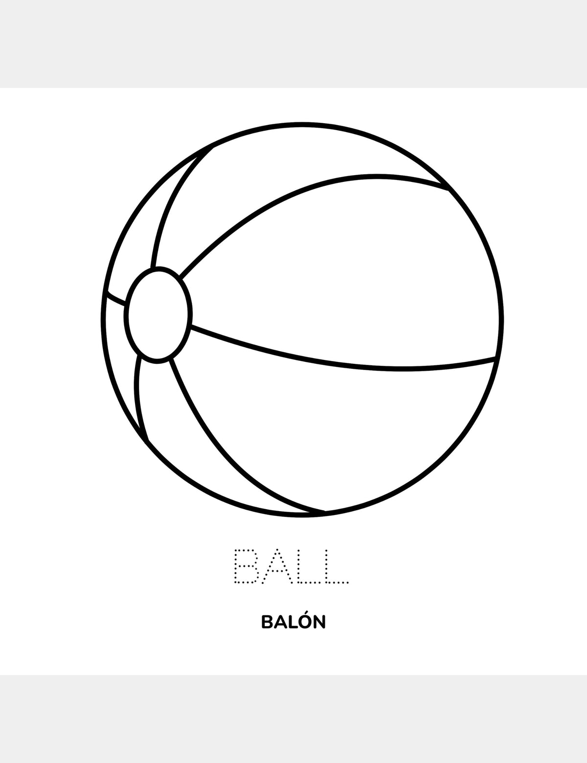Página para colorear de Bella the Sunshine Girl con la palabra Ball en inglés y Balón en español.