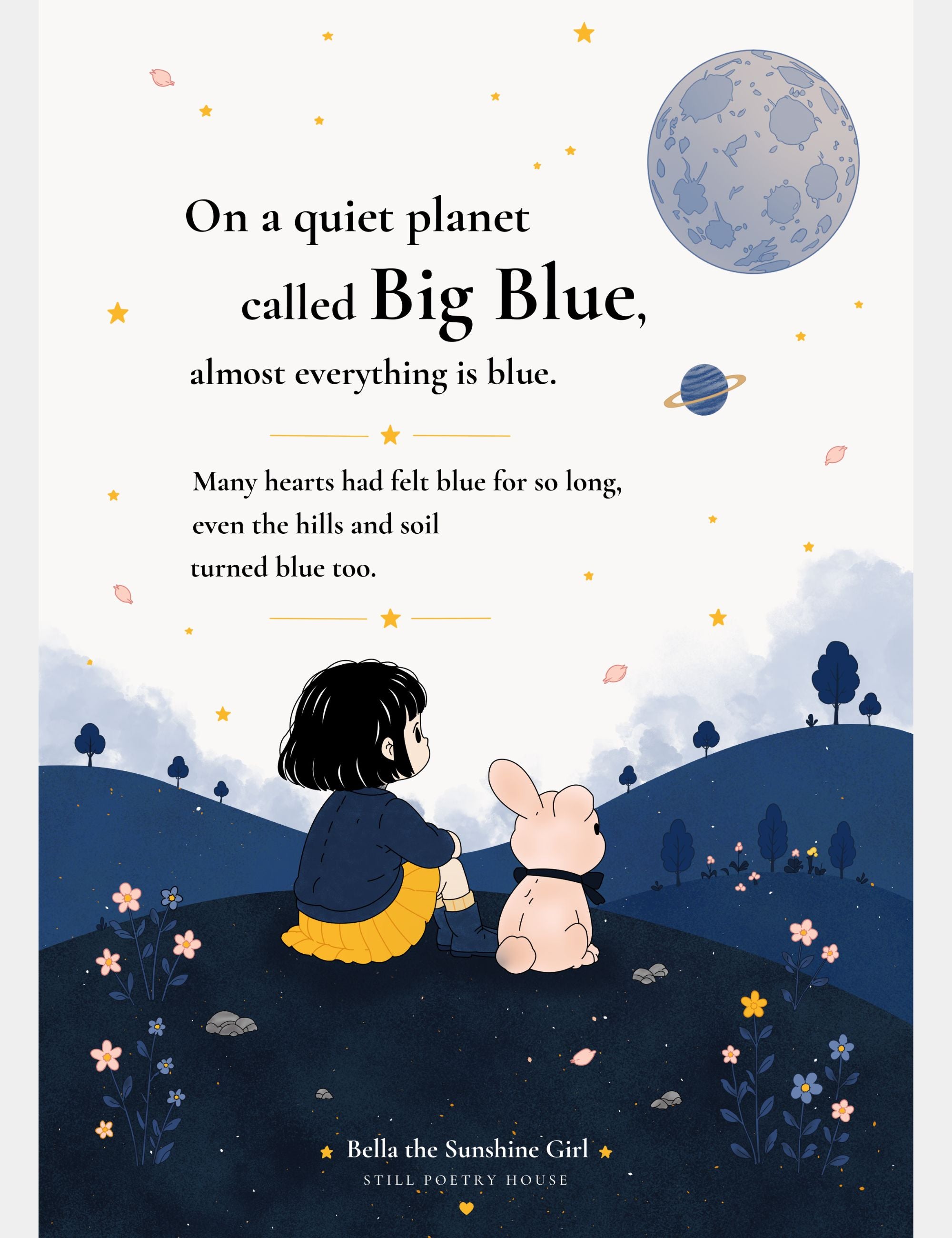 Bella and Bun sit together beneath a moonlit sky on the planet Big Blue while a story excerpt introduces the whimsical world of Bella the Sunshine Girl.