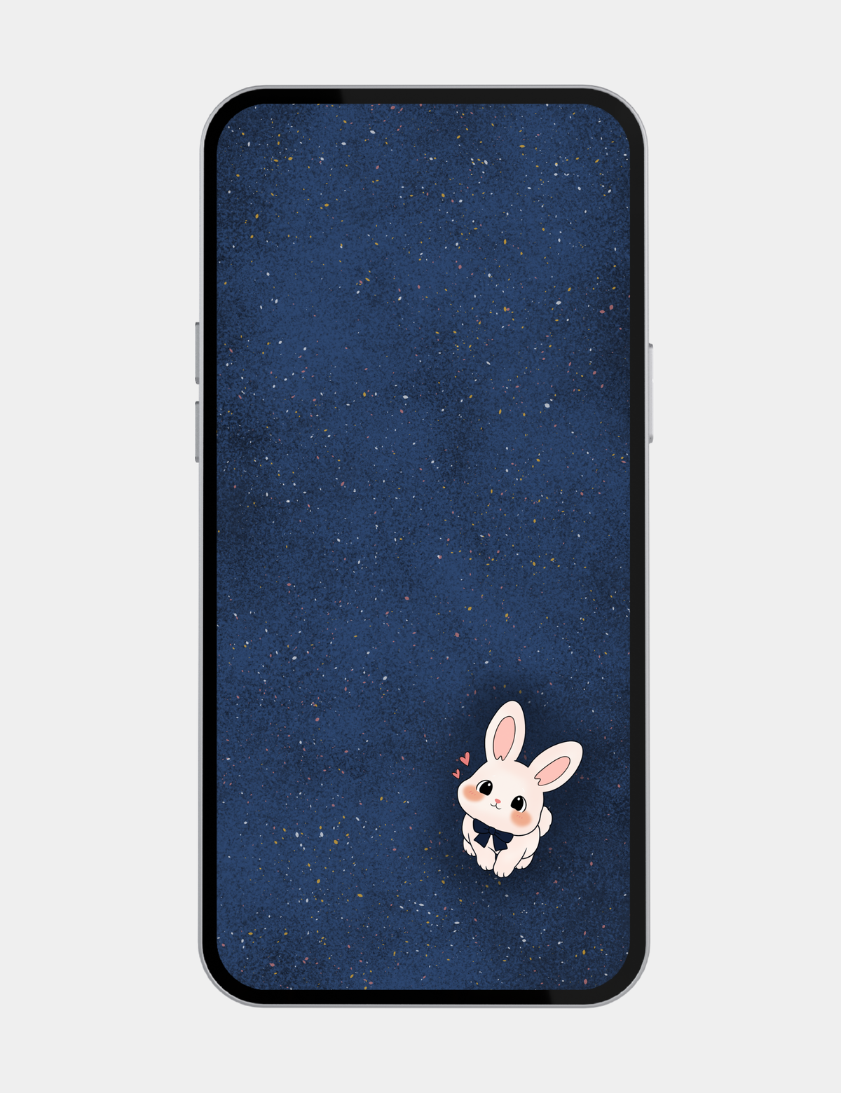 Bun from Bella the Sunshine Girl looking up lovingly with rosy cheeks, a navy bow tie, and tiny hearts on the textured blue ground of Big Blue, designed as a mobile home screen.