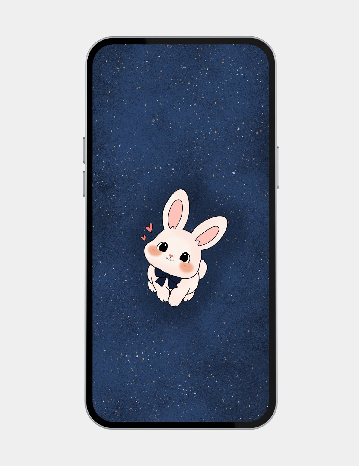 Bun from Bella the Sunshine Girl looking up with rosy cheeks, a navy bow tie, and tiny hearts near the bottom of the textured blue ground of Big Blue, designed as a mobile lock screen.