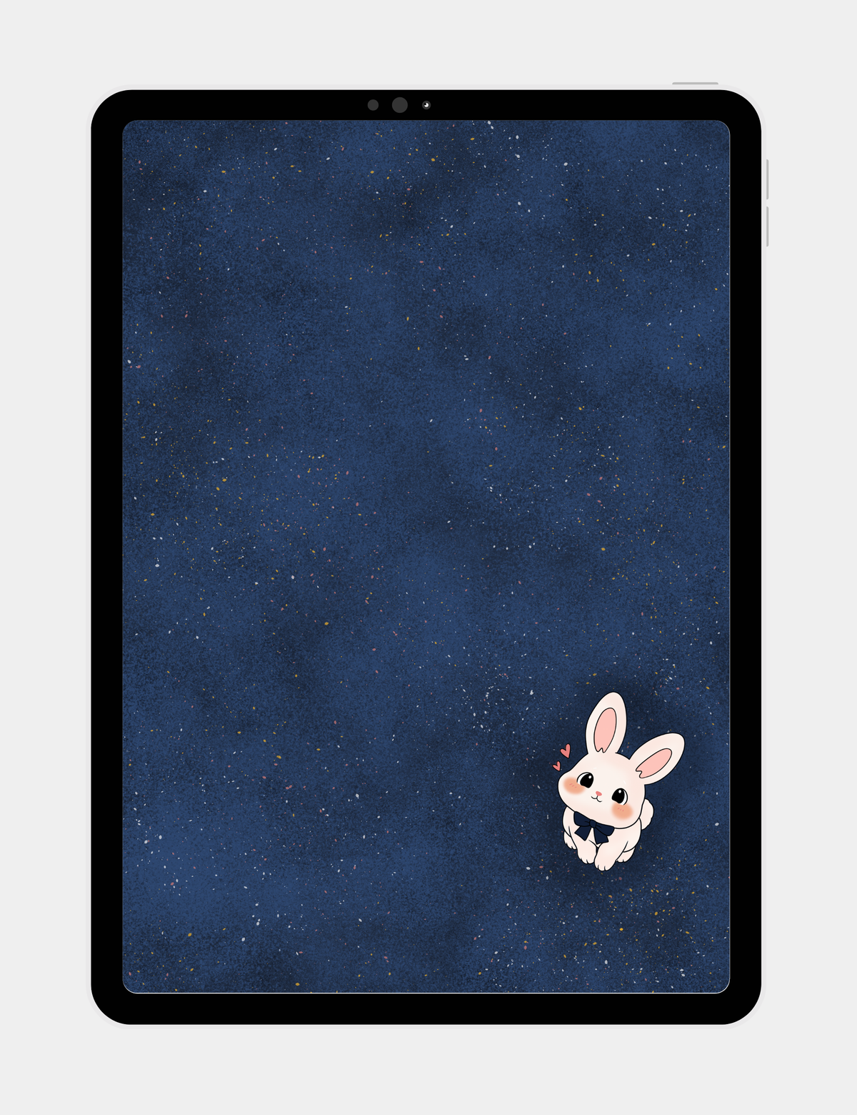 Bun from Bella the Sunshine Girl looking up lovingly with rosy cheeks, a navy bow tie, and tiny hearts on the textured blue ground of Big Blue, designed as a tablet home screen.