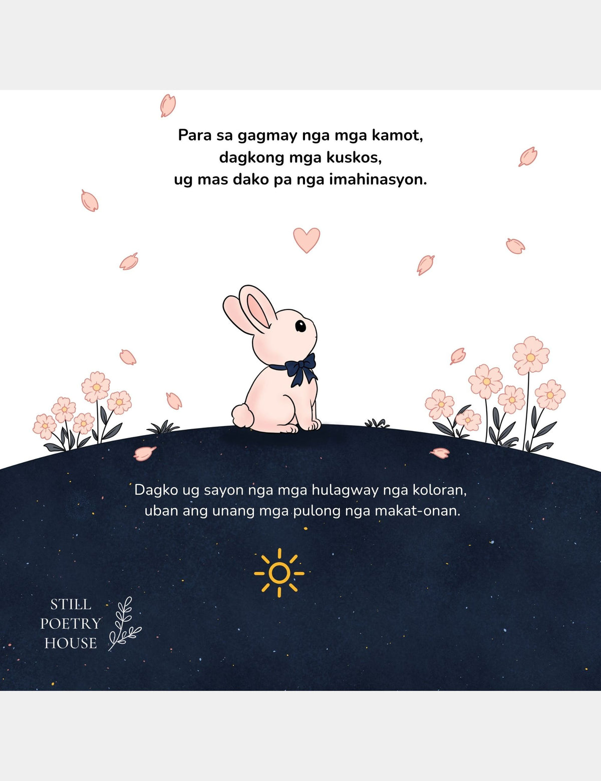 Back cover of the Bella the Sunshine Girl Cebuano coloring book featuring Bun in a flower garden with the text “Para sa gagmay nga mga kamot, dagkong mga kuskos, ug mas dako pa nga imahinasyon. Dagko ug sayon nga mga hulagway nga koloran, uban ang unang mga pulong nga magkat-onan.”