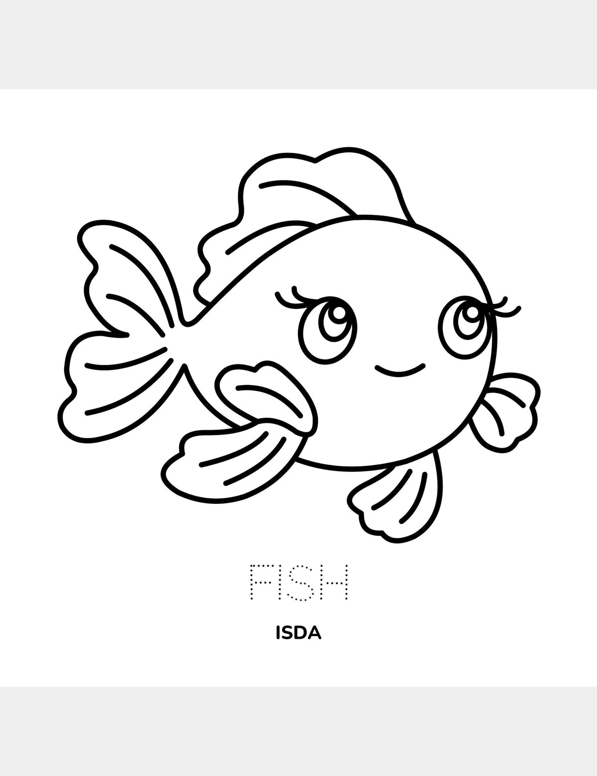 Fish coloring page from Bella the Sunshine Girl featuring a large fish illustration, the traceable English word “Fish,” and the Cebuano word “Isda.”