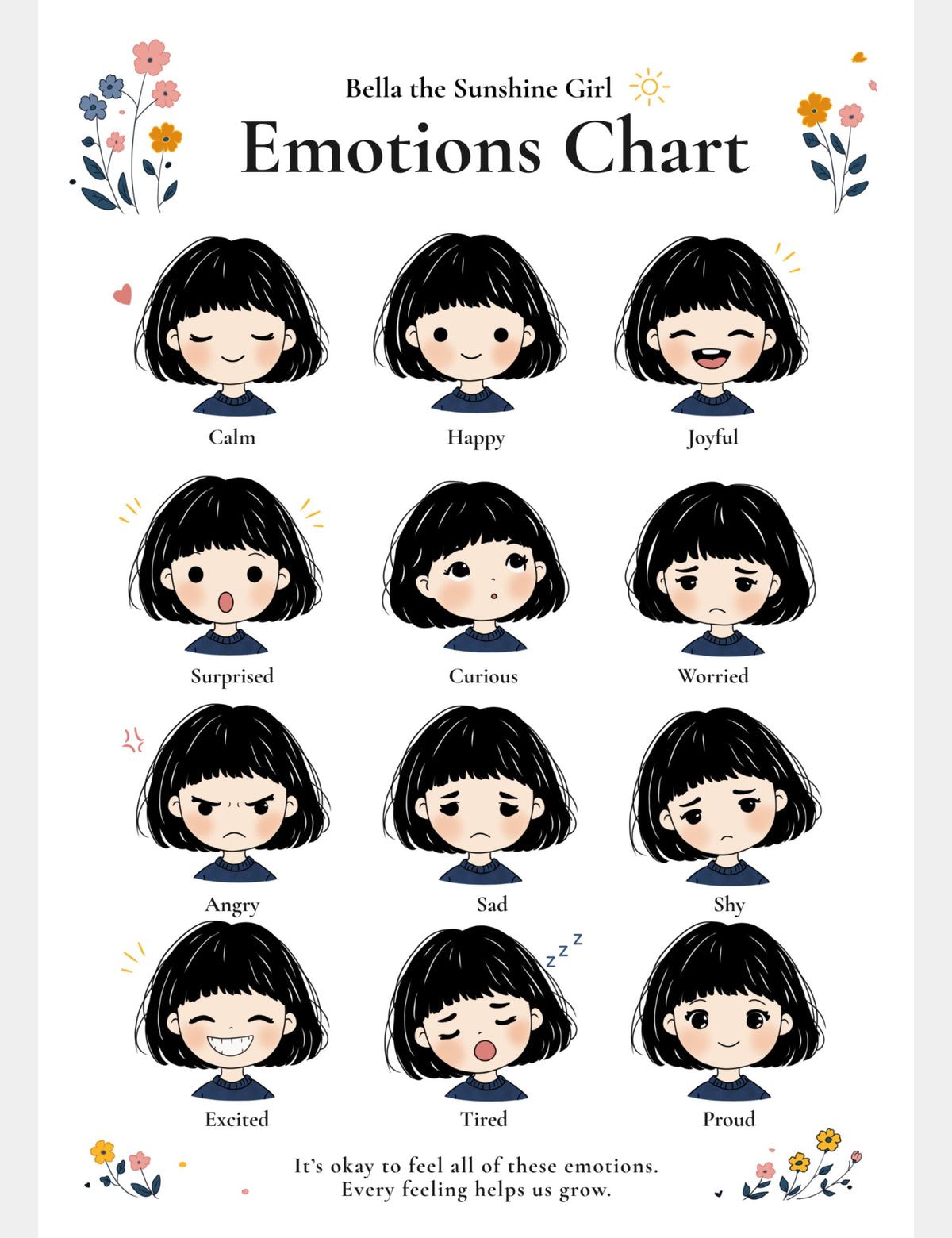 Bella the Sunshine Girl English Emotions Chart featuring 12 illustrated facial expressions for calm, happy, joyful, surprised, curious, worried, angry, sad, shy, excited, tired, and proud.