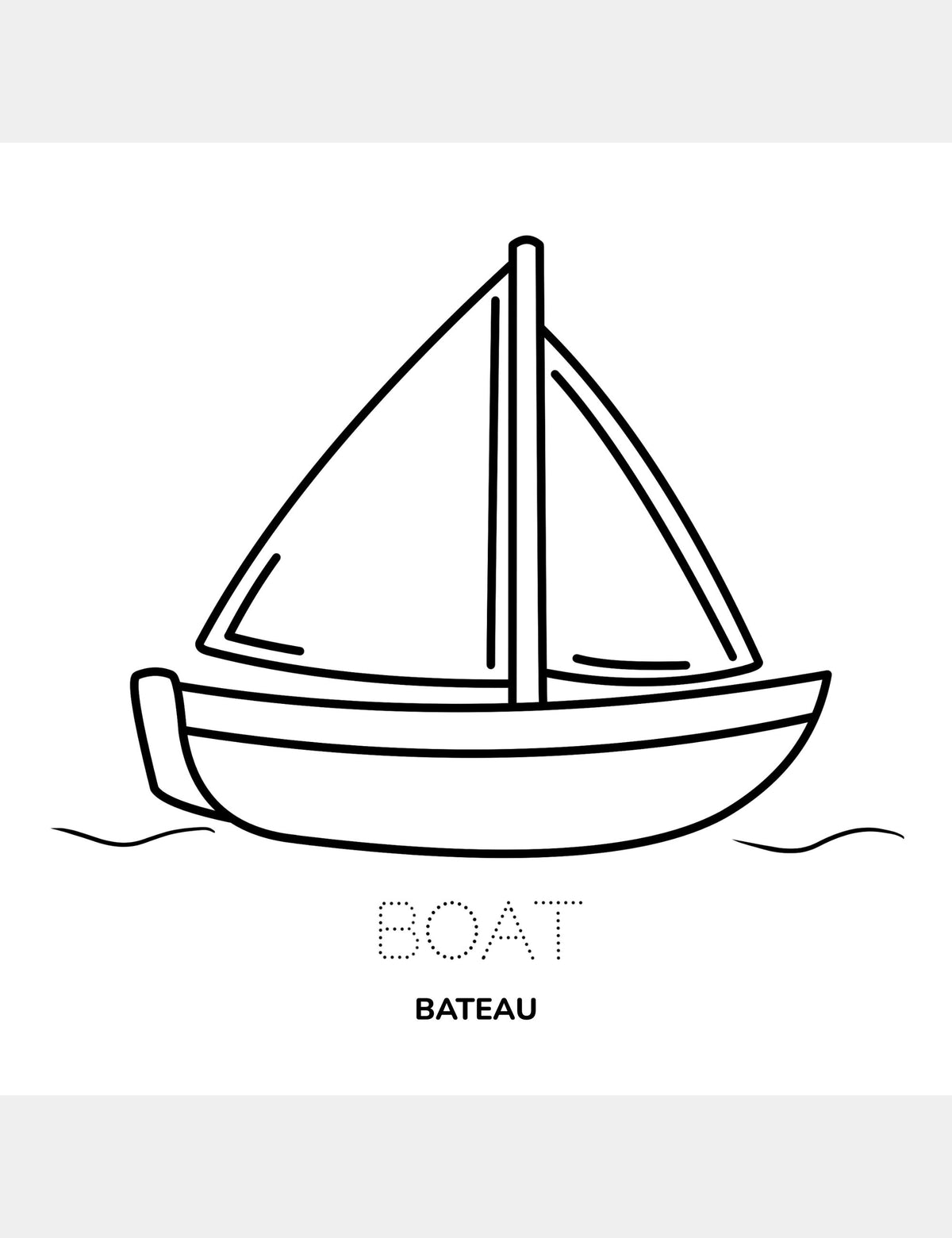 Boat coloring page from Bella the Sunshine Girl featuring a large boat illustration, the traceable English word “Boat,” and the French word “Bateau.”