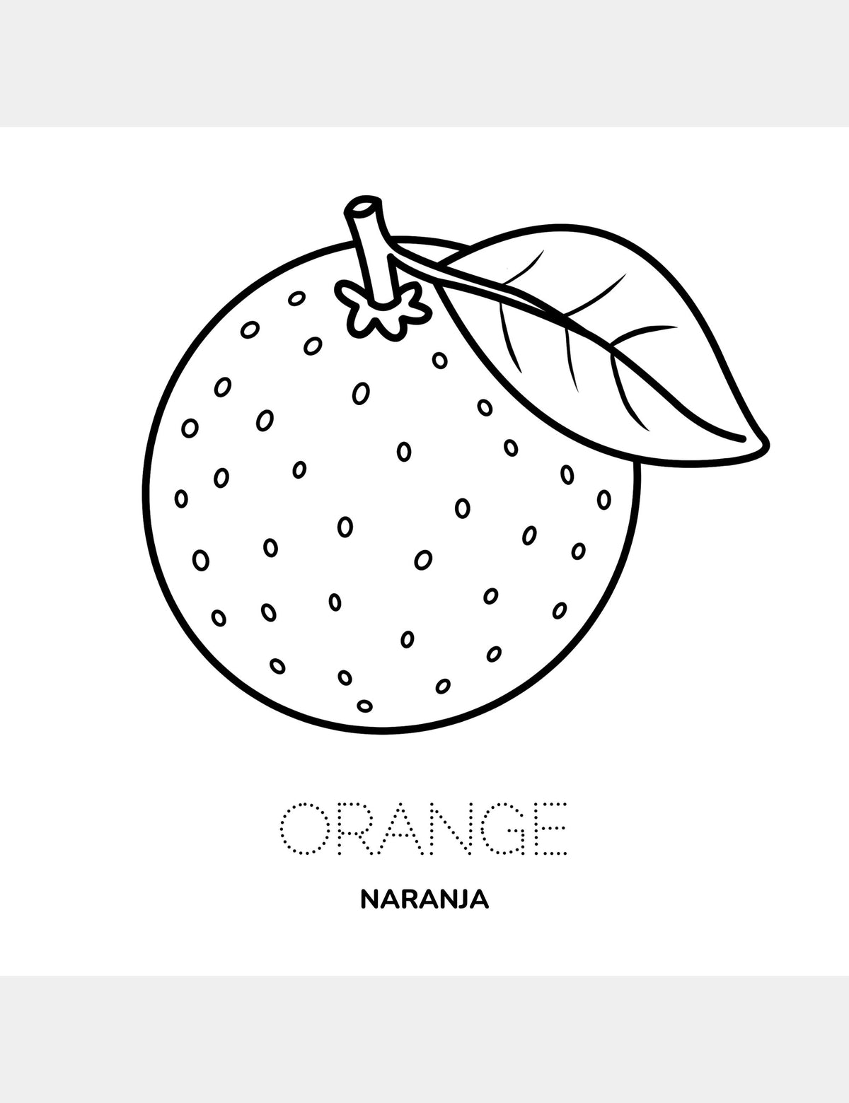 Página para colorear de Bella the Sunshine Girl con la palabra Orange en inglés y Naranja en español.