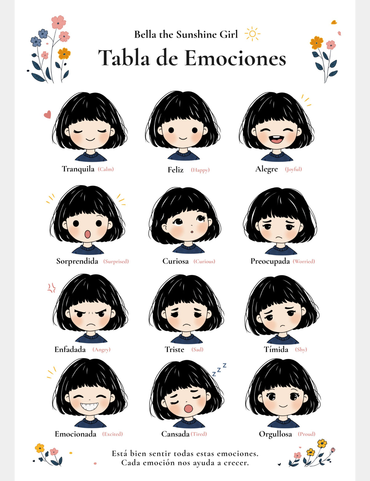 Bella the Sunshine Girl Spanish Emotions Chart for kids featuring 12 illustrated facial expressions with Spanish emotion words and English translations.