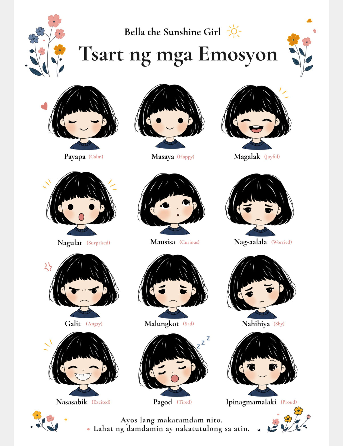 Bella the Sunshine Girl Tagalog-English Emotions Chart for kids featuring illustrated expressions with Filipino and English words for 12 everyday feelings.