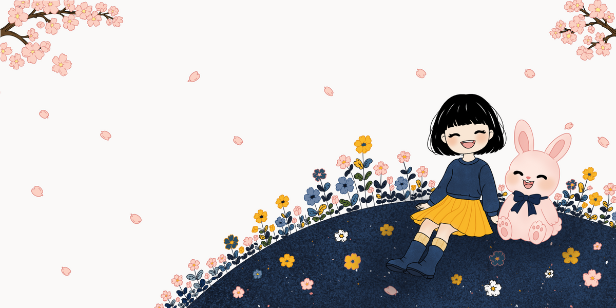 Bella the Sunshine Girl and Bun sitting together among blooming flowers and falling pink petals
